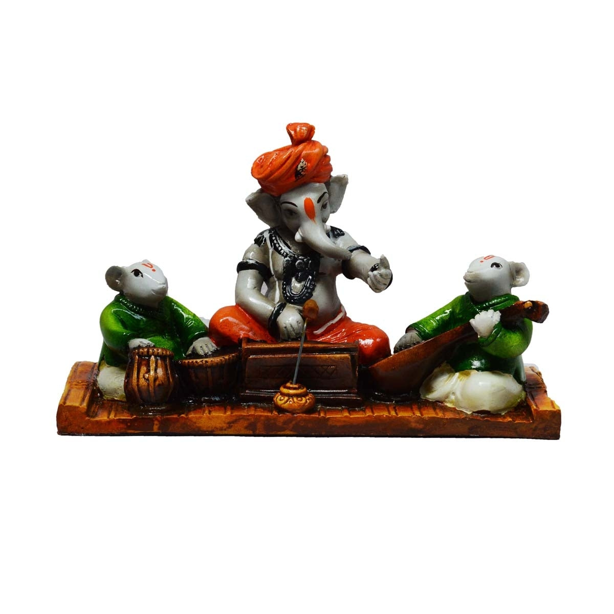 Lord Ganesha Idol Playing Harmonium And 2 Rats Animal Figurines Playing Table And Guitar Decorative Showpiece