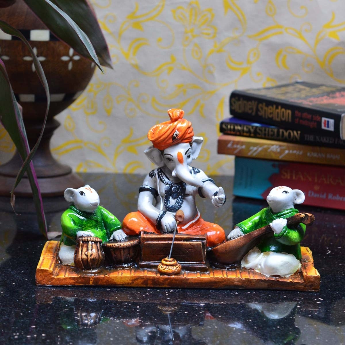 Lord Ganesha Idol Playing Harmonium And 2 Rats Animal Figurines Playing Table And Guitar Decorative Showpiece 1