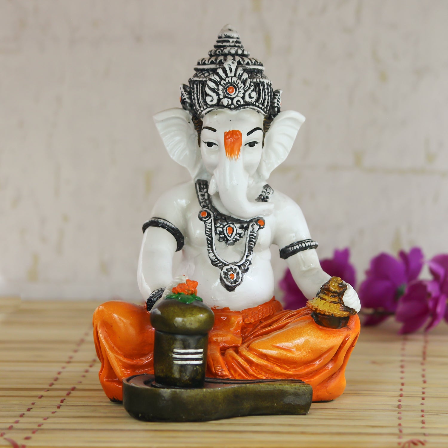 Orange Polyresin Lord Ganesha Murti performing Lord Shiv Pooja