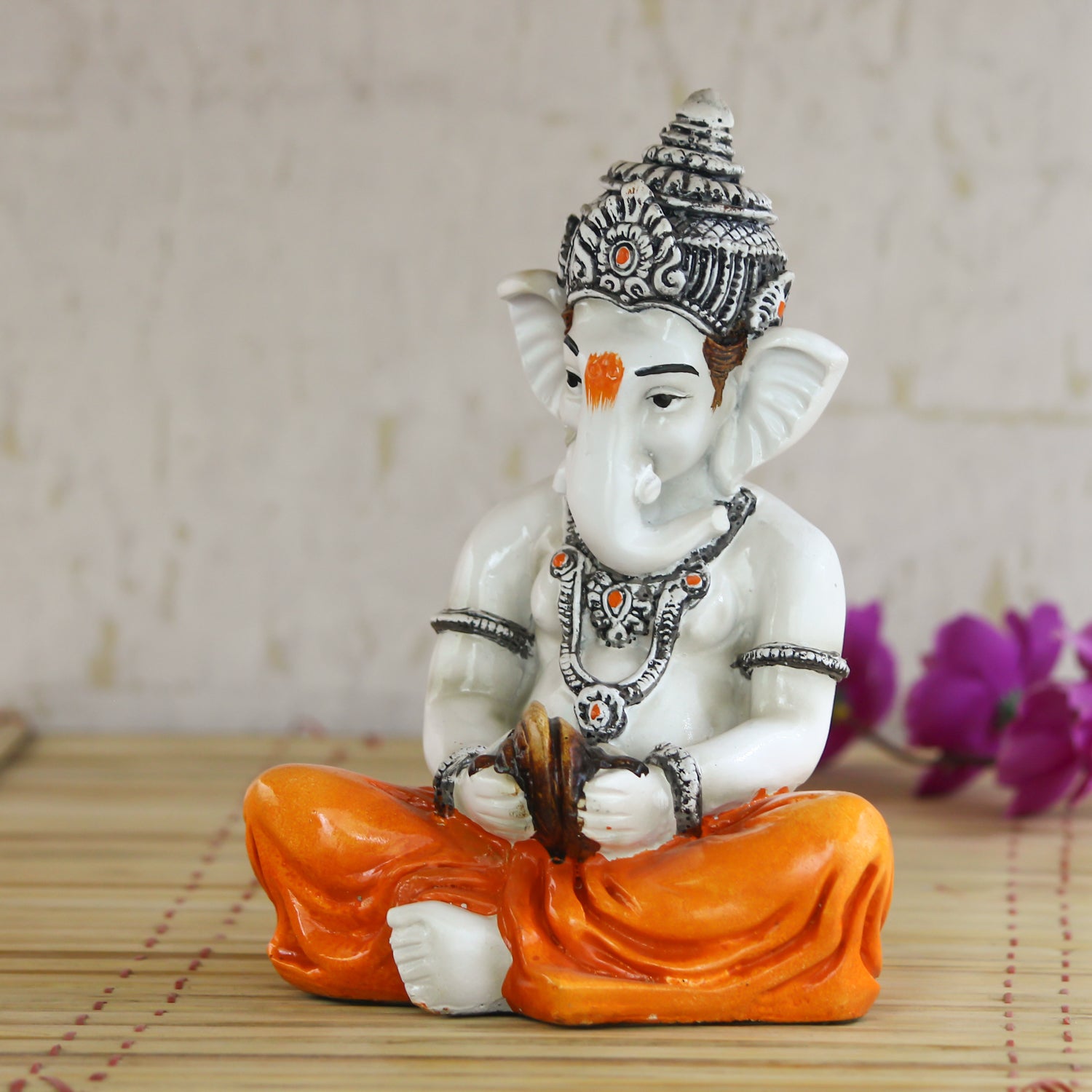 Lord Ganesha Statue Playing Manjeera Decorative Polyresin God Idol