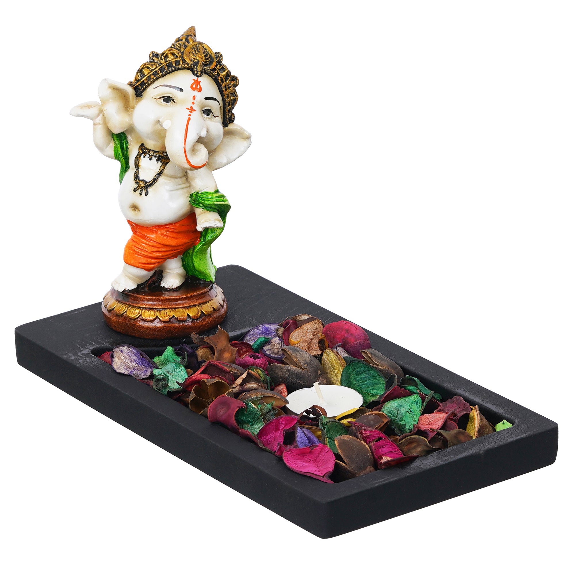 Orange, Brown, White & Black Polyresin Baal Ganesha Playing Dholak Showpiece with Rectangle Wooden Base, Fragranced Petals & Tealight 1