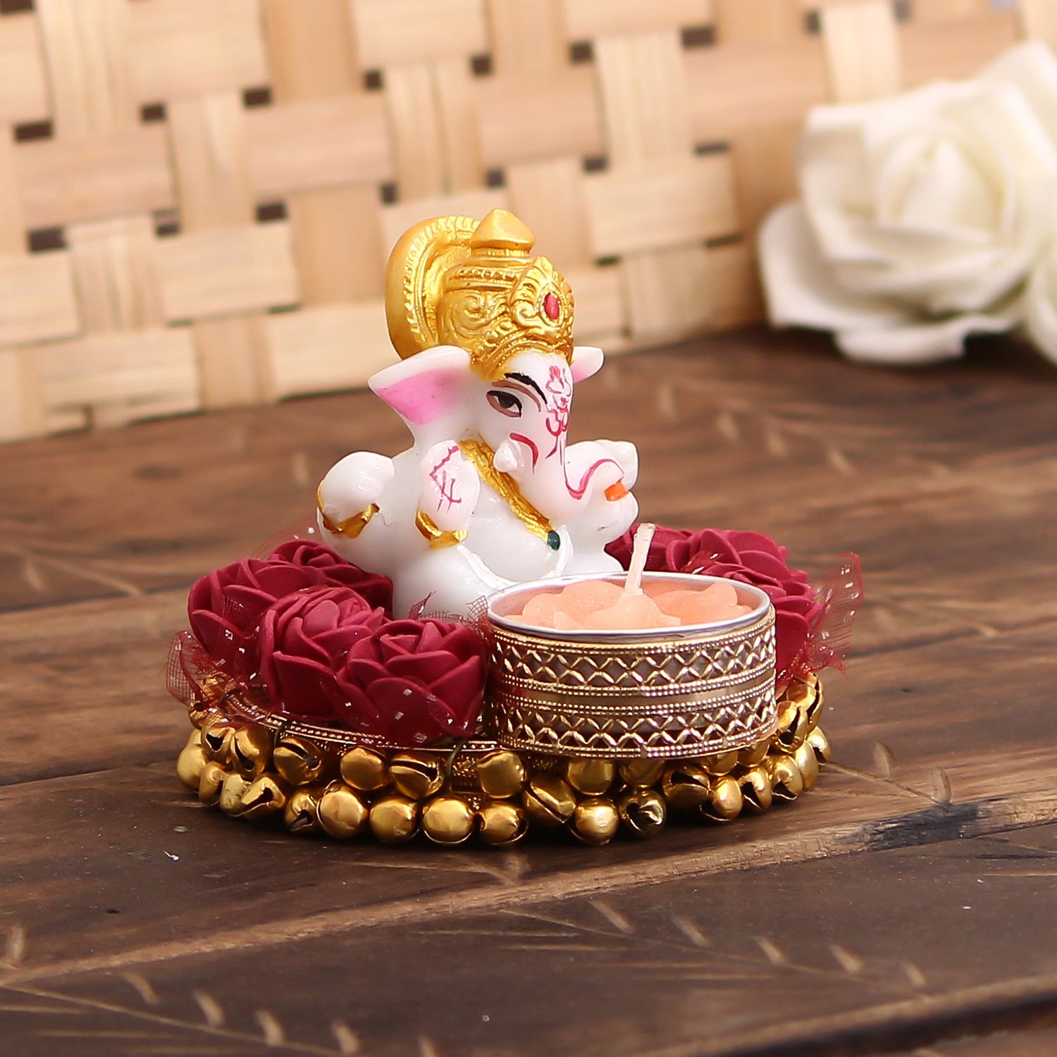 Metal and Polyresin Lord Ganesha Idol on Decorative Plate with Tea Light Candle Holder