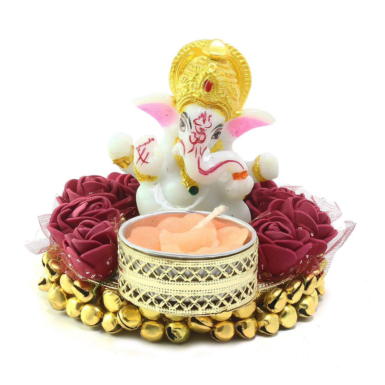 Metal and Polyresin Lord Ganesha Idol on Decorative Plate with Tea Light Candle Holder 1