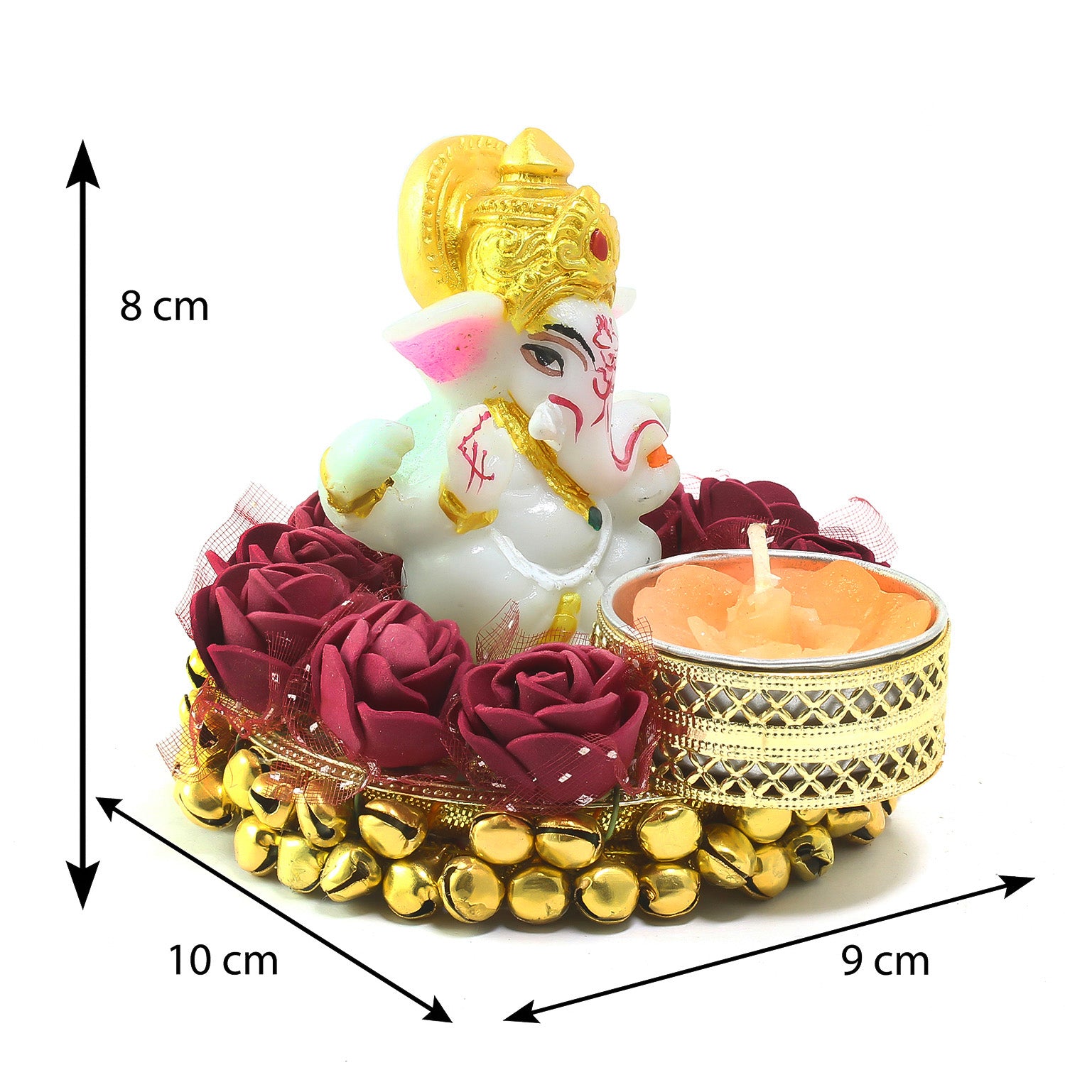 Metal and Polyresin Lord Ganesha Idol on Decorative Plate with Tea Light Candle Holder 2