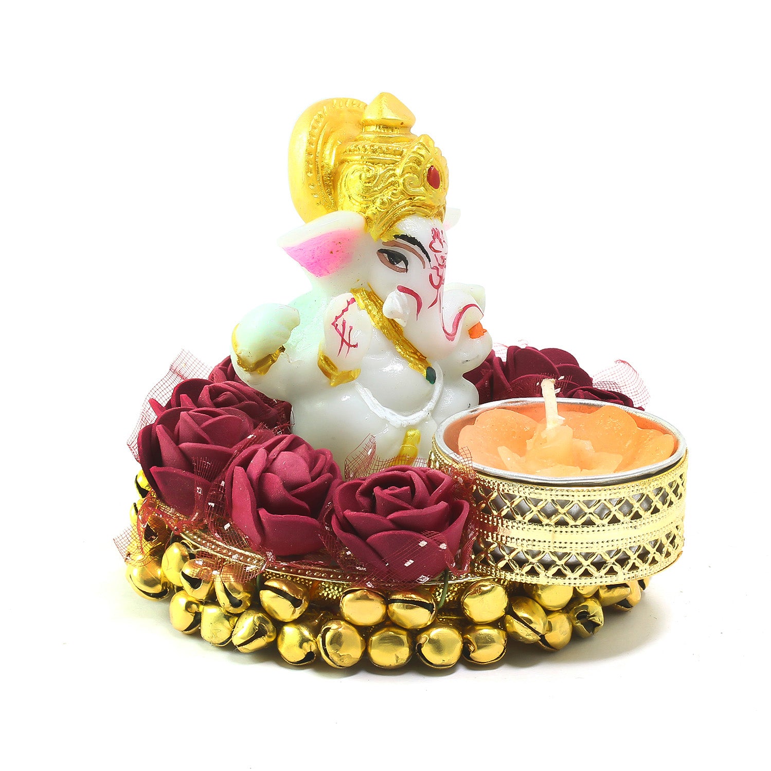 Metal and Polyresin Lord Ganesha Idol on Decorative Plate with Tea Light Candle Holder 3