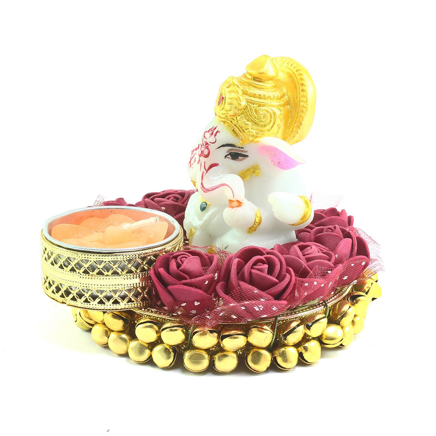 Metal and Polyresin Lord Ganesha Idol on Decorative Plate with Tea Light Candle Holder 4