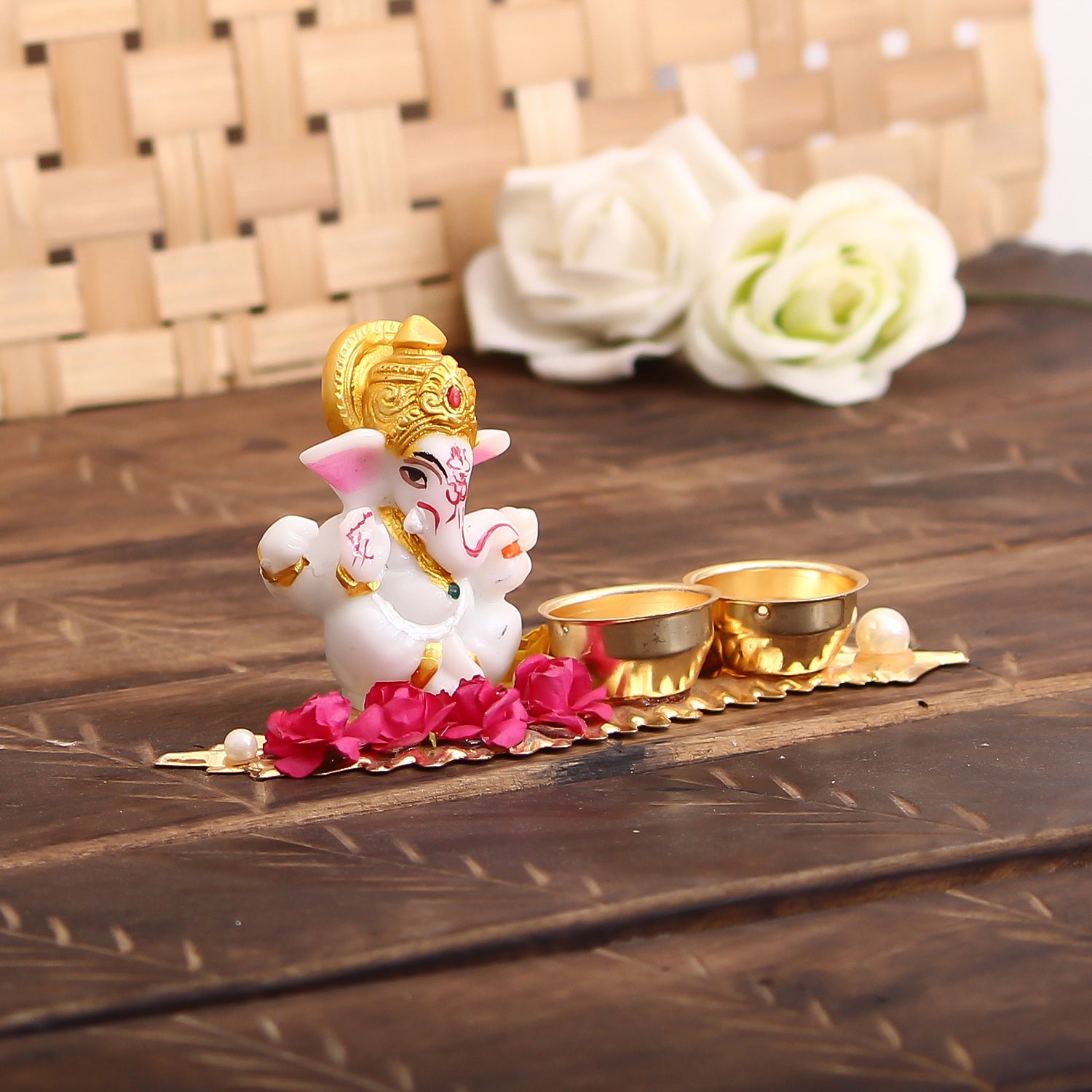 Lord Ganesha Idol On Decorative Haldi Kumkum Holder For Auspicious Offerings