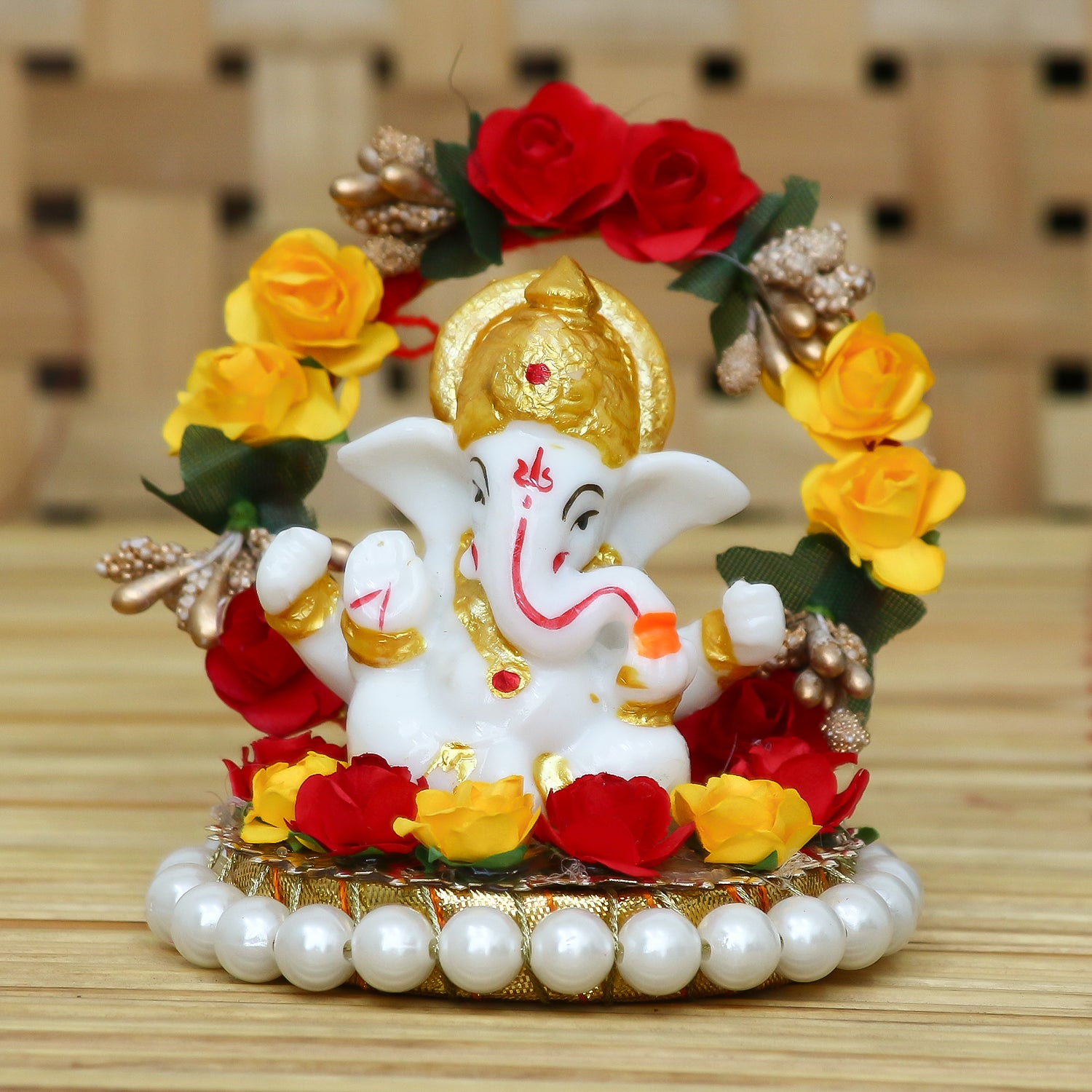 Polyresin Lord Ganesha Idol on Decorative Handcrafted Rose Flower Plate for Home and Car Dashboard