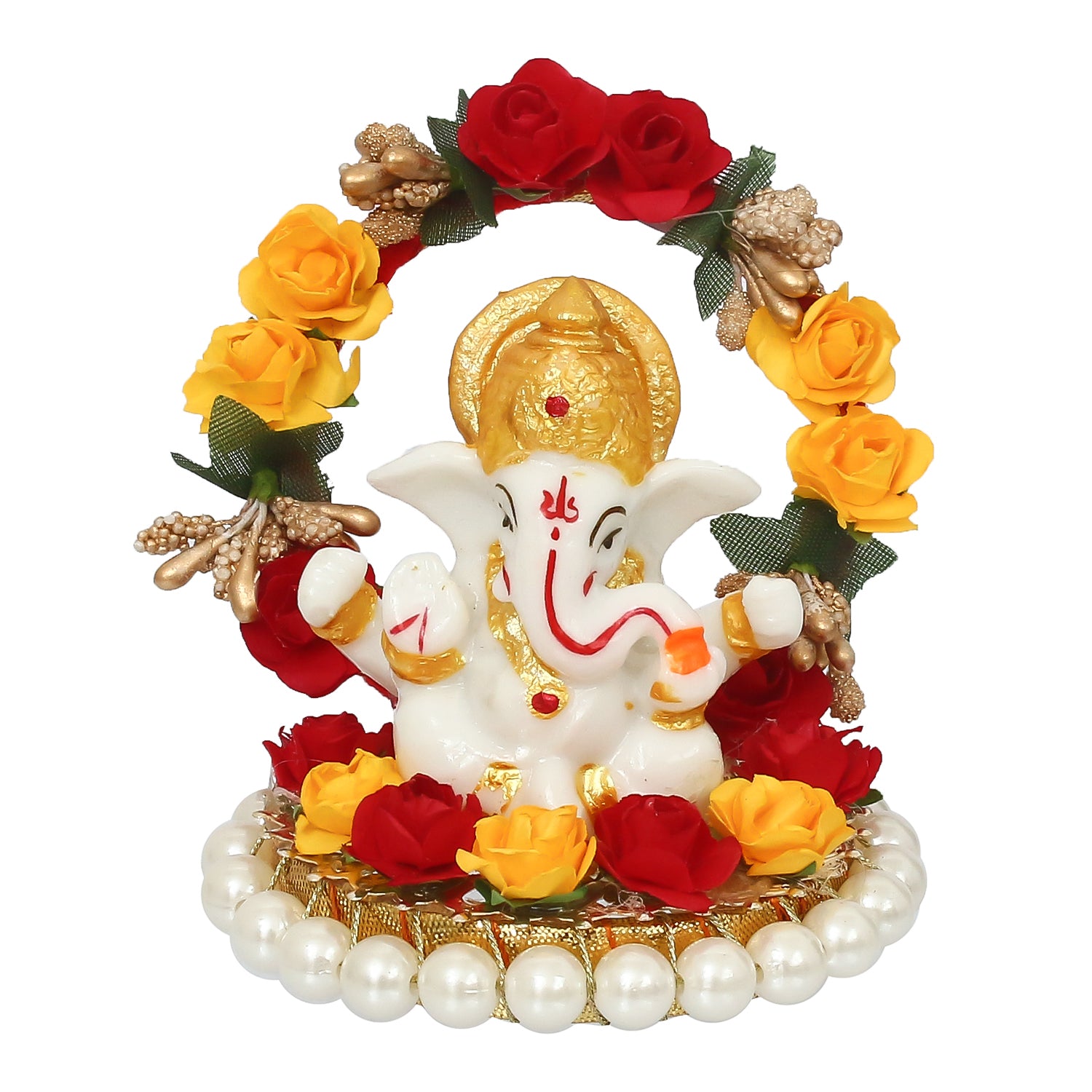 Polyresin Lord Ganesha Idol on Decorative Handcrafted Rose Flower Plate for Home and Car Dashboard 1
