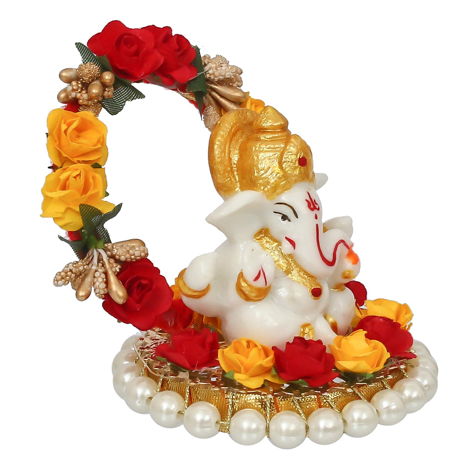 Polyresin Lord Ganesha Idol on Decorative Handcrafted Rose Flower Plate for Home and Car Dashboard 3