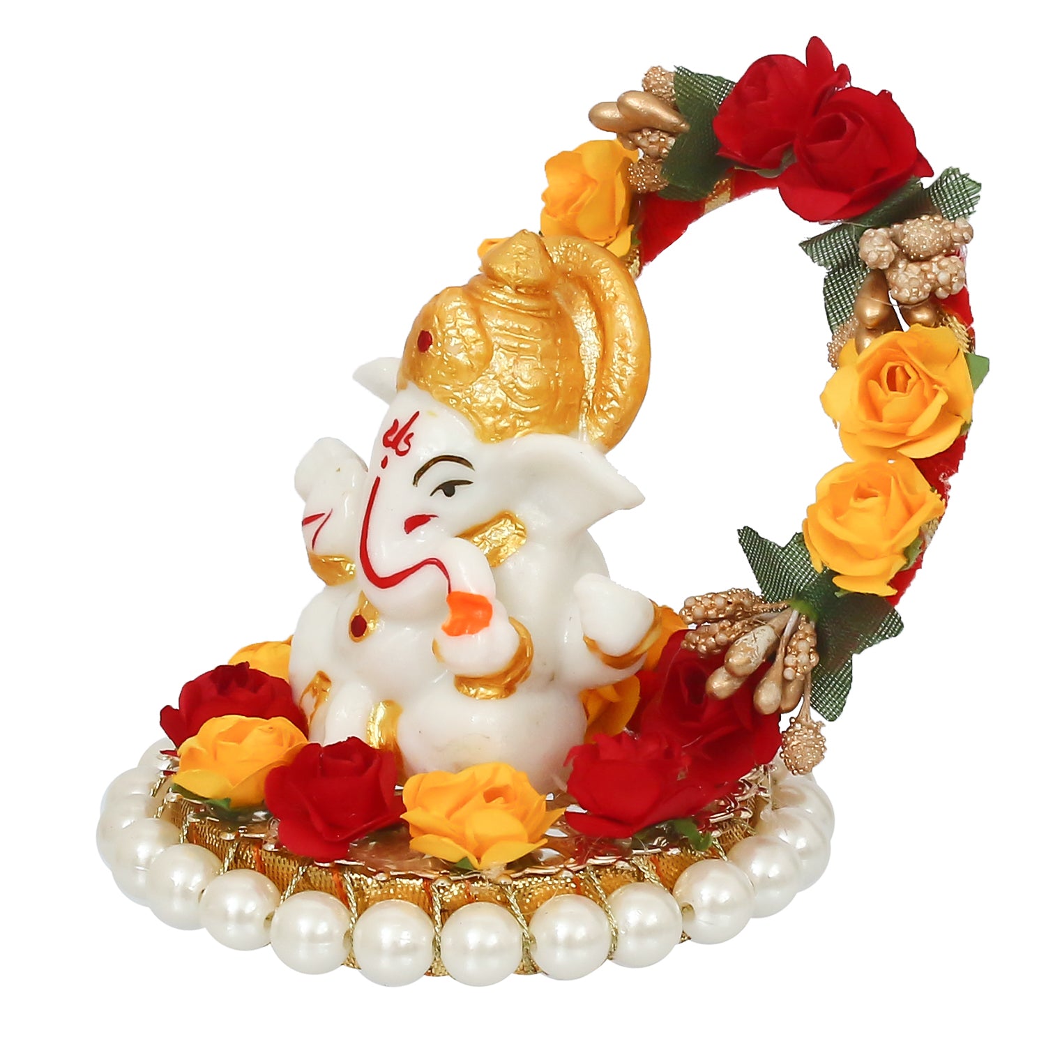Polyresin Lord Ganesha Idol on Decorative Handcrafted Rose Flower Plate for Home and Car Dashboard 4