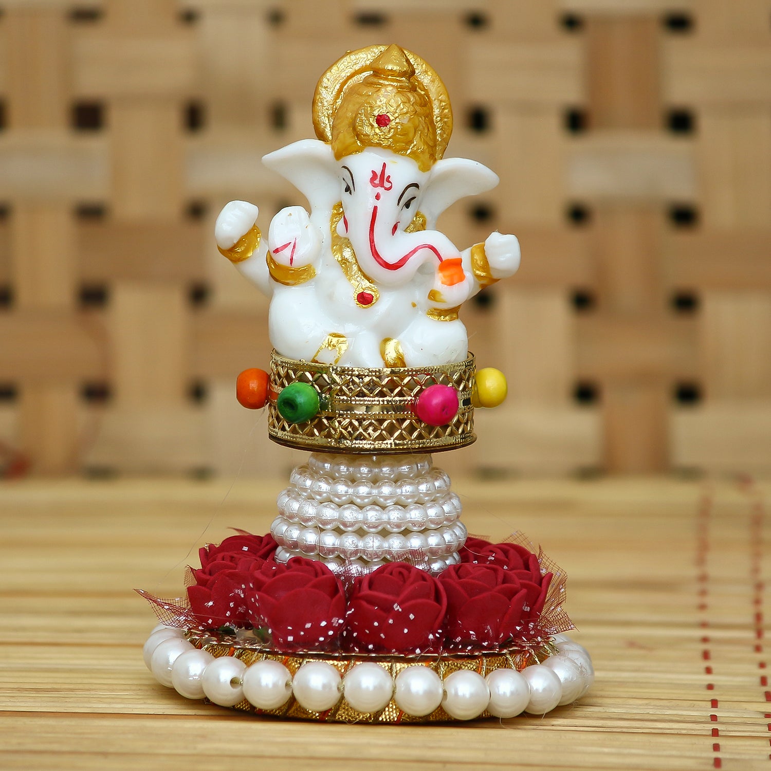 Polyresin Lord Ganesha Idol on Decorative Handcrafted Plate for Home, Office and Car Dashboard