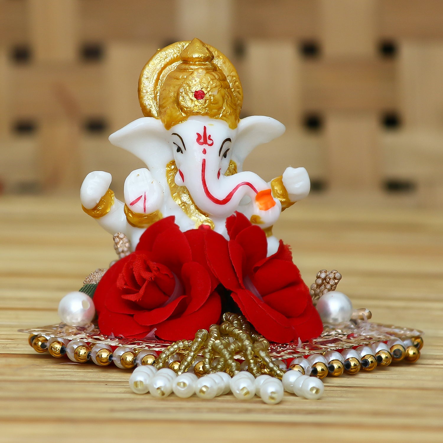 Polyresin Lord Ganesha Idol on Decorative Handcrafted Plate for Home and Car Dashboard