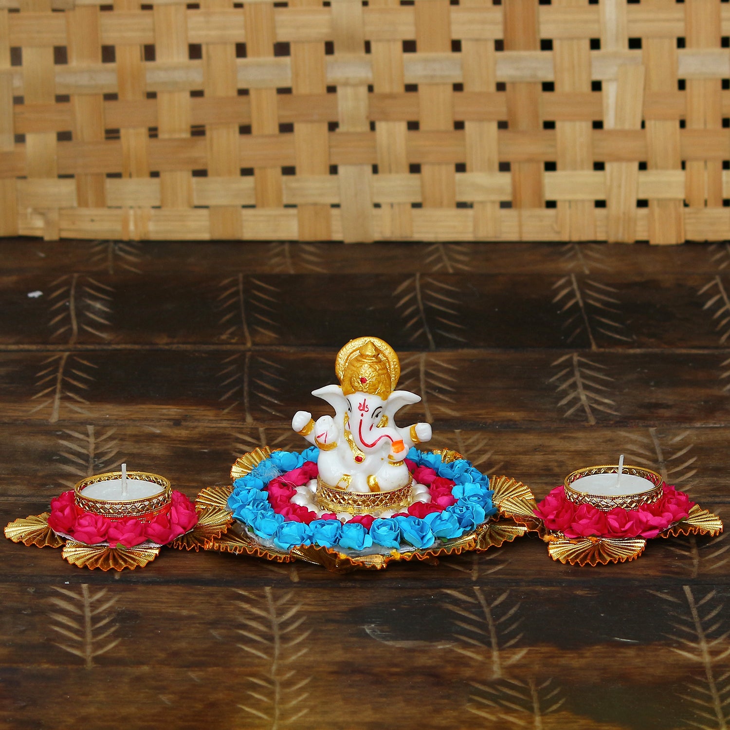 Lord Ganesha Idol On Decorative Plate With 2 Tea Light Holders