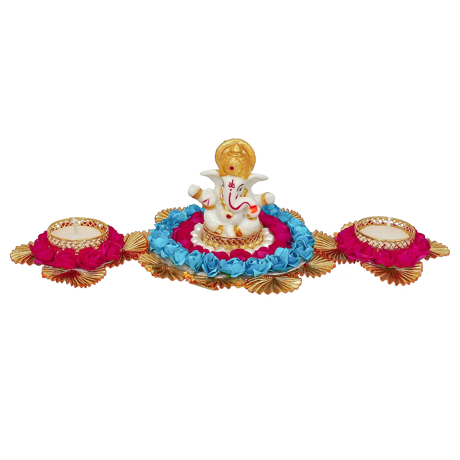 Lord Ganesha Idol On Decorative Plate With 2 Tea Light Holders 3