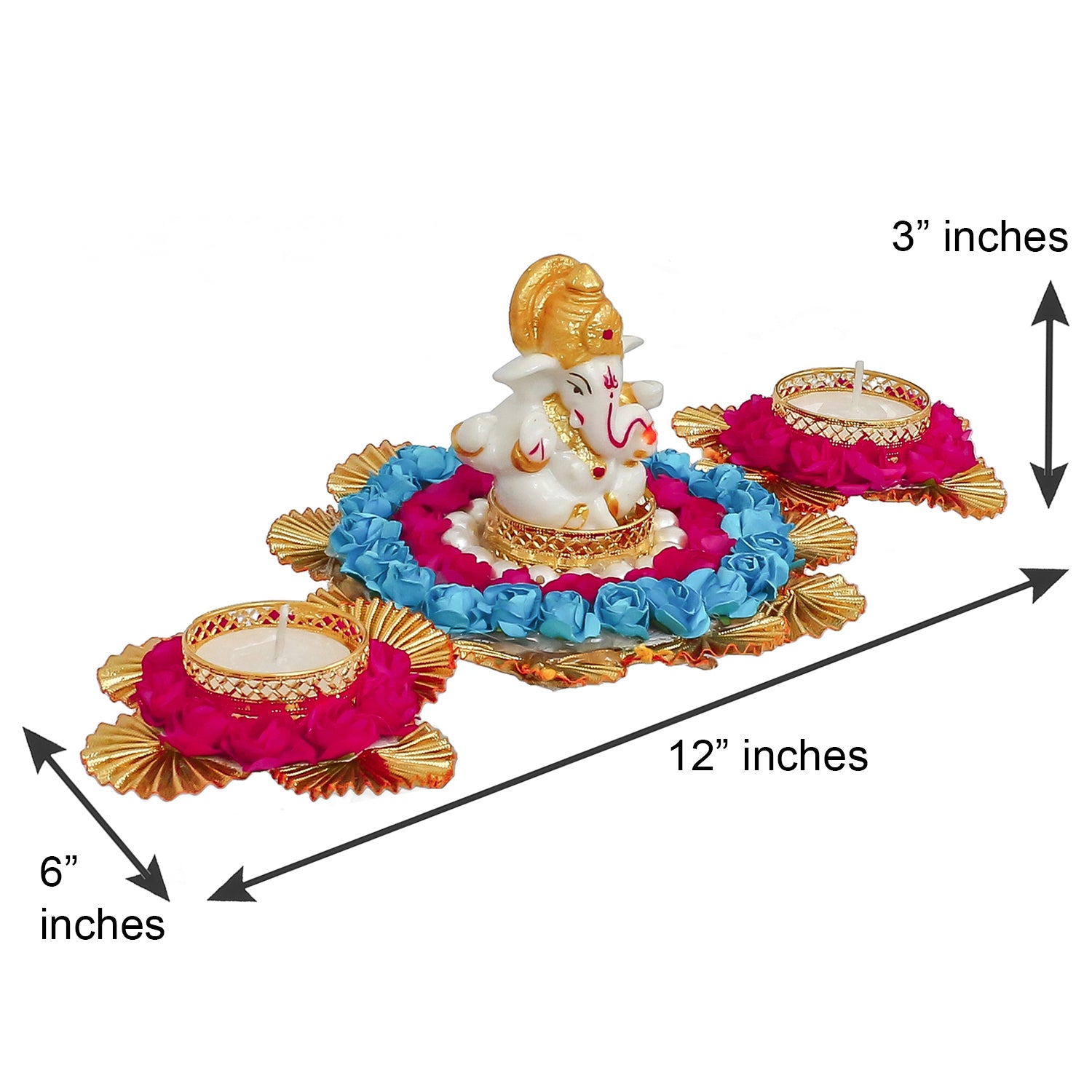 Lord Ganesha Idol On Decorative Plate With 2 Tea Light Holders 4