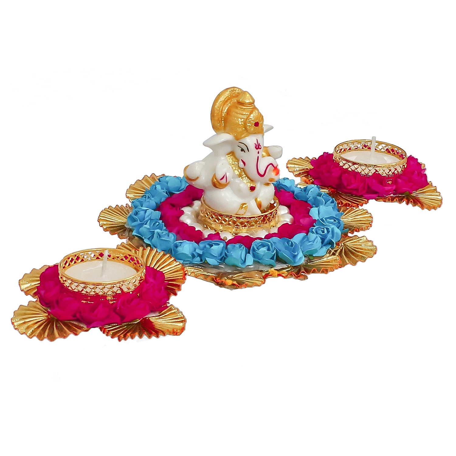 Lord Ganesha Idol On Decorative Plate With 2 Tea Light Holders 5