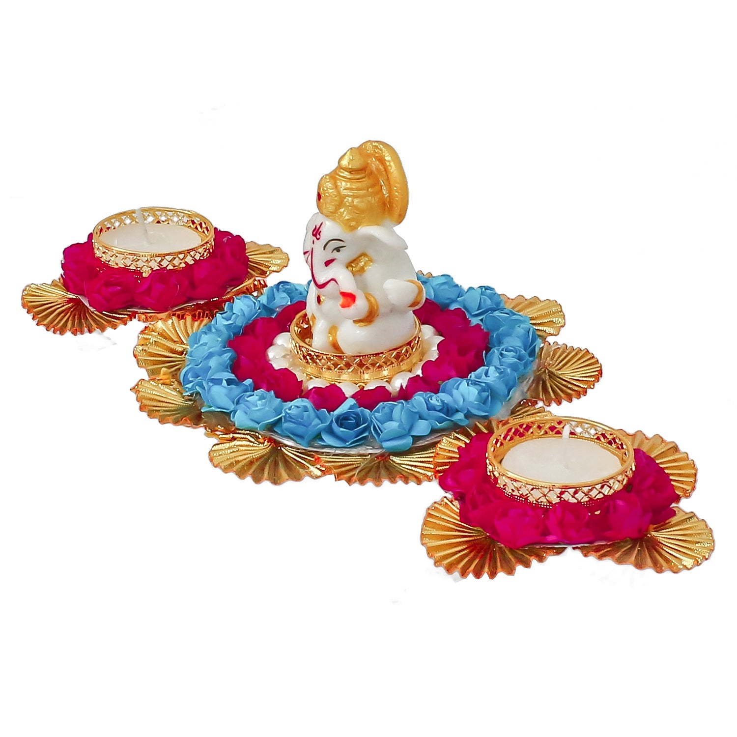 Lord Ganesha Idol On Decorative Plate With 2 Tea Light Holders 6