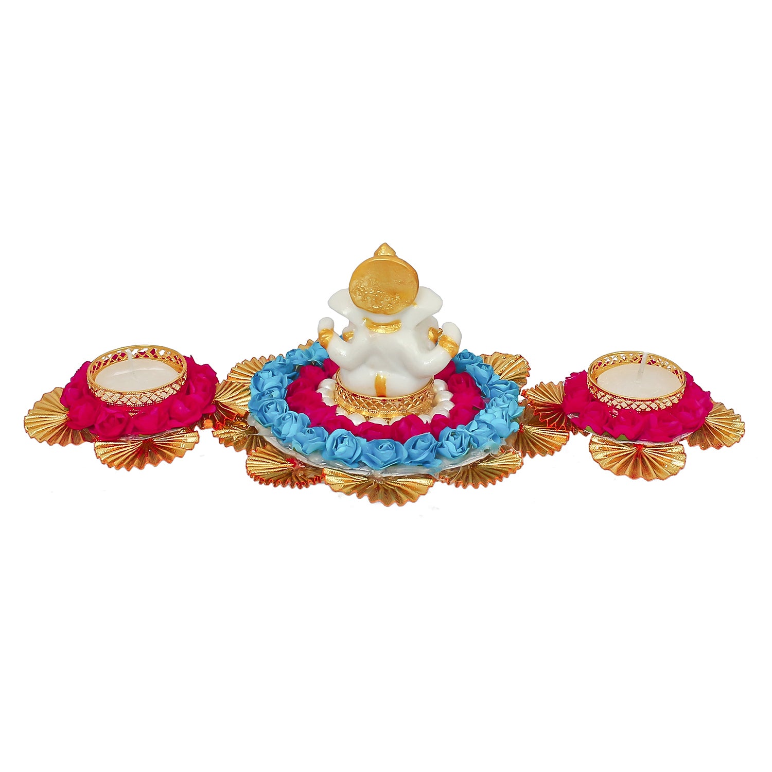Lord Ganesha Idol On Decorative Plate With 2 Tea Light Holders 7