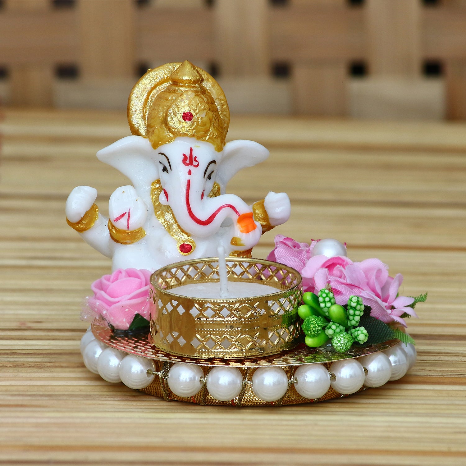 Polyresin Lord Ganesha Idol on Decorative Metal Plate with Tea Light Holder (Pink, Green and White) 1