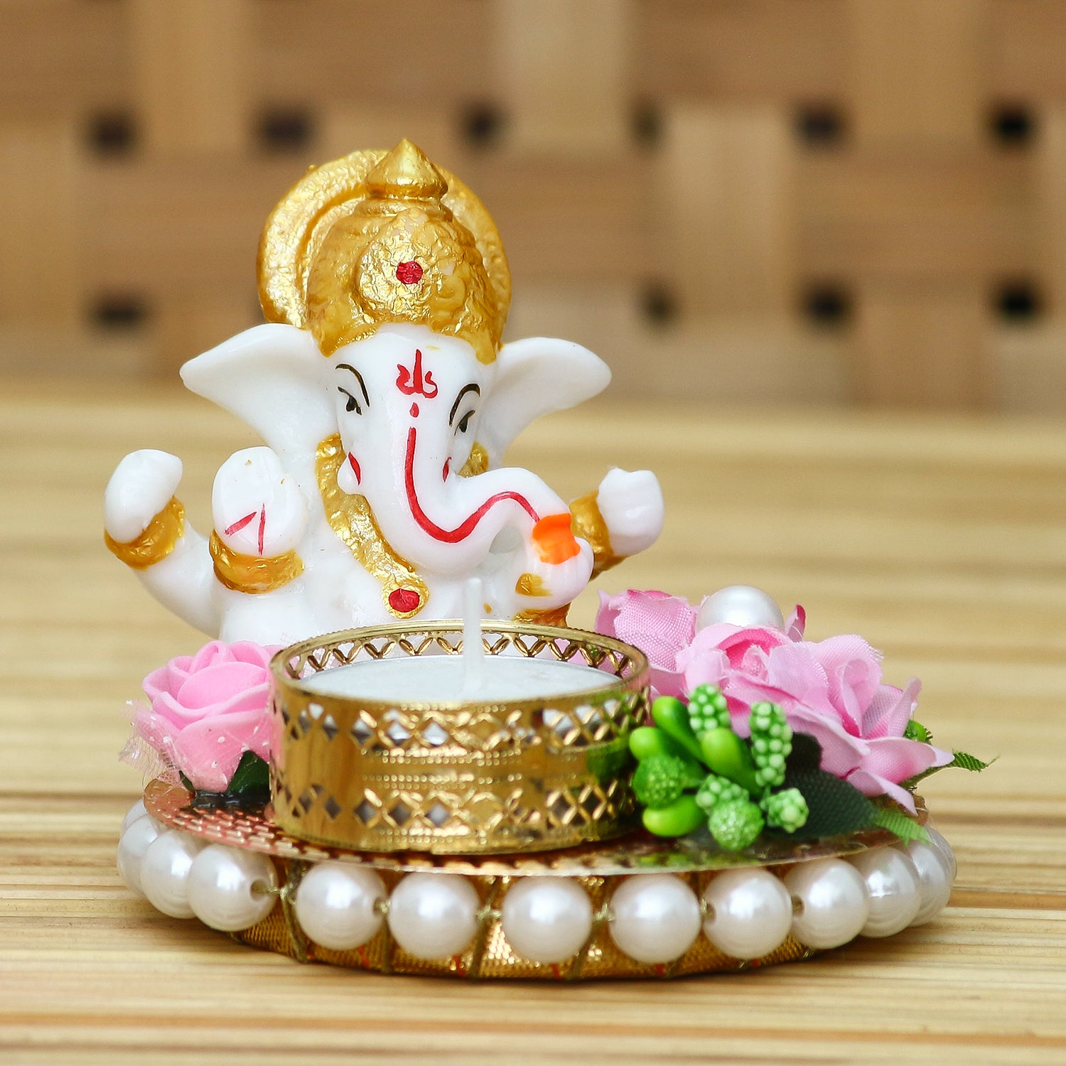 Polyresin Lord Ganesha Idol on Decorative Metal Plate with Tea Light Holder (Pink, Green and White) 2