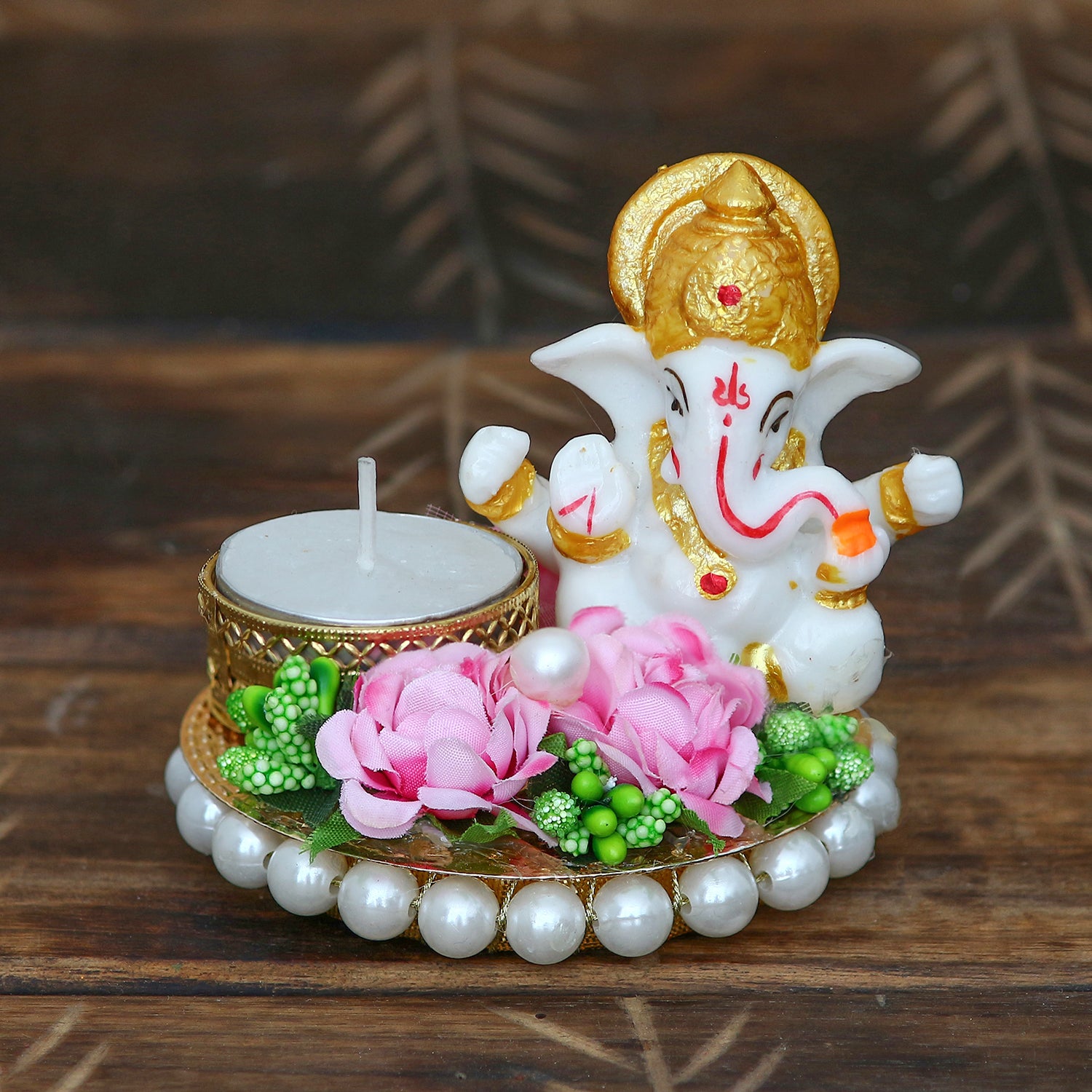 Polyresin Lord Ganesha Idol on Decorative Metal Plate with Tea Light Holder (Pink, Green and White)