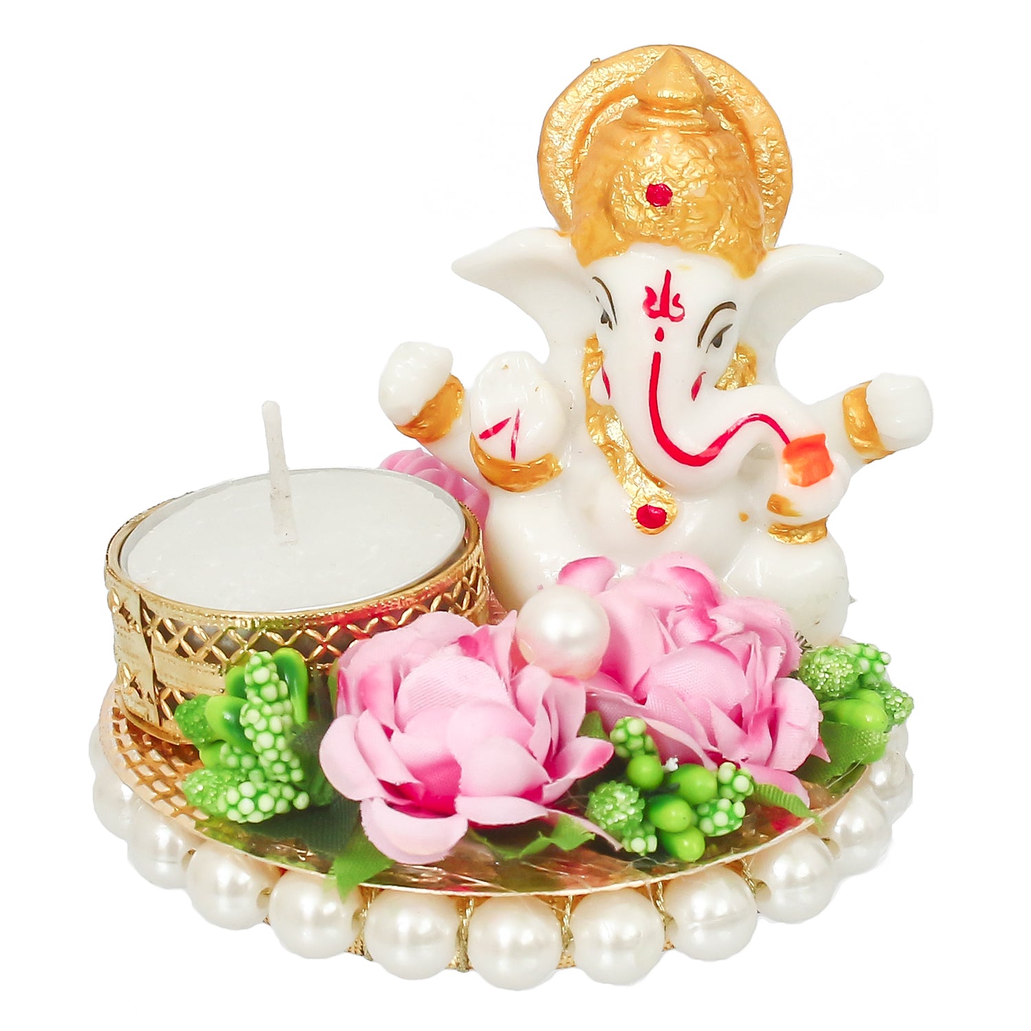 Polyresin Lord Ganesha Idol on Decorative Metal Plate with Tea Light Holder (Pink, Green and White) 3