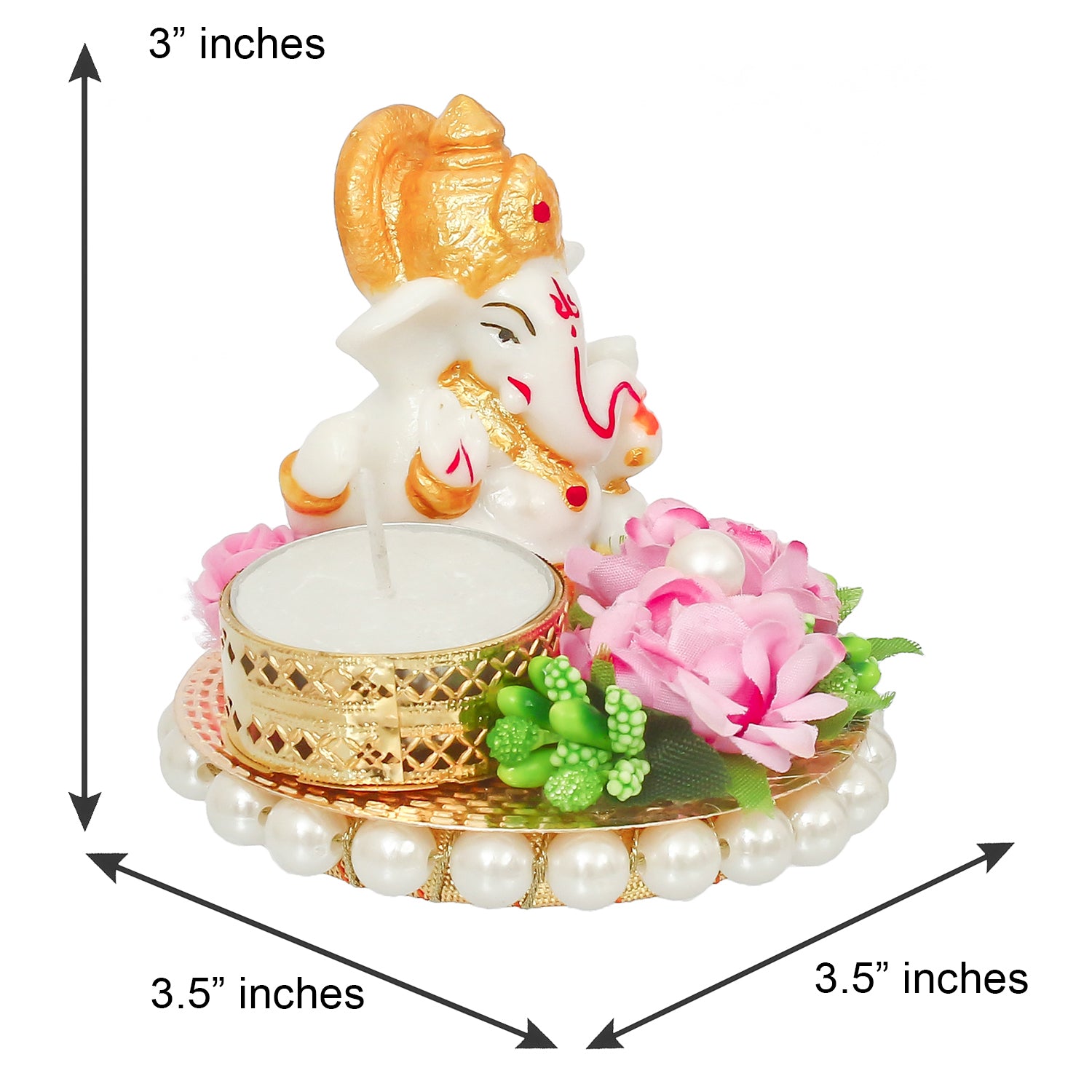 Polyresin Lord Ganesha Idol on Decorative Metal Plate with Tea Light Holder (Pink, Green and White) 4