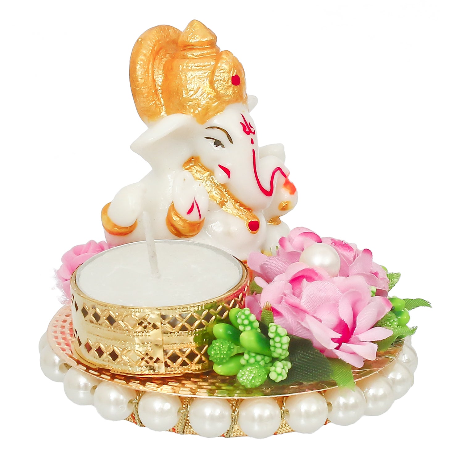 Polyresin Lord Ganesha Idol on Decorative Metal Plate with Tea Light Holder (Pink, Green and White) 5