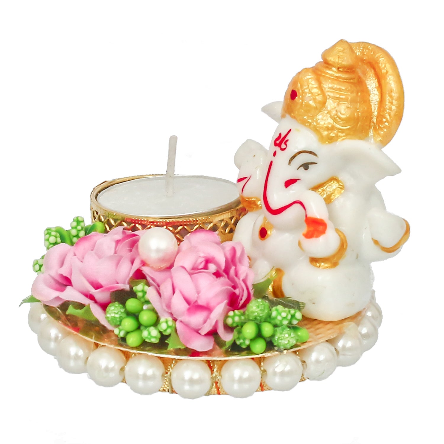 Polyresin Lord Ganesha Idol on Decorative Metal Plate with Tea Light Holder (Pink, Green and White) 6