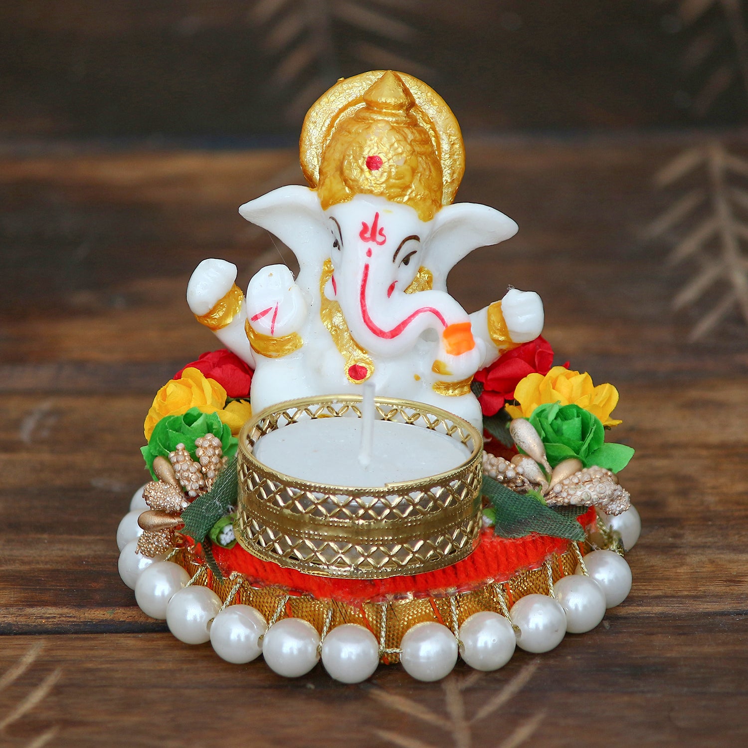 Polyresin Lord Ganesha Idol on decorative metal plate with Tea Light Holder