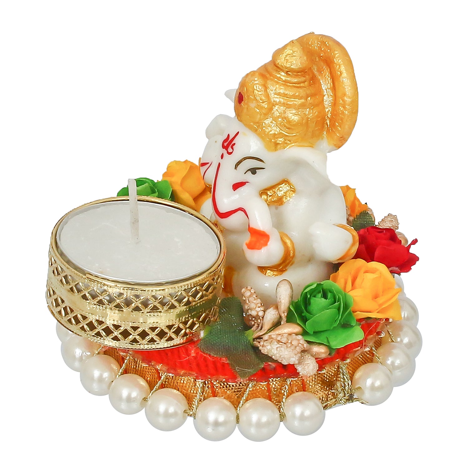 Polyresin Lord Ganesha Idol on decorative metal plate with Tea Light Holder 5