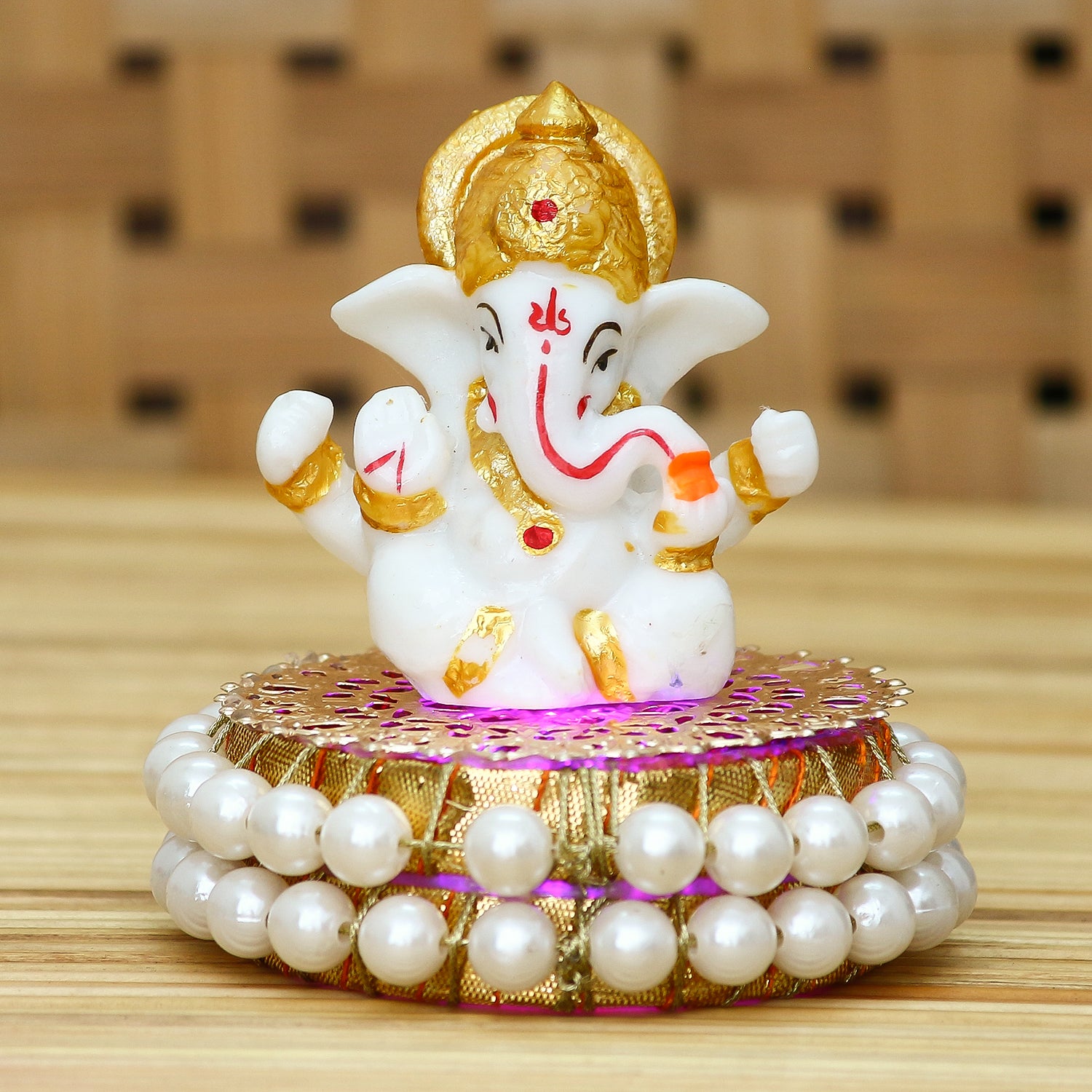 Gold and White Polyresin Lord Ganesha Idol on Decorative Handcrafted Plate for Home and Car Dashboard 2