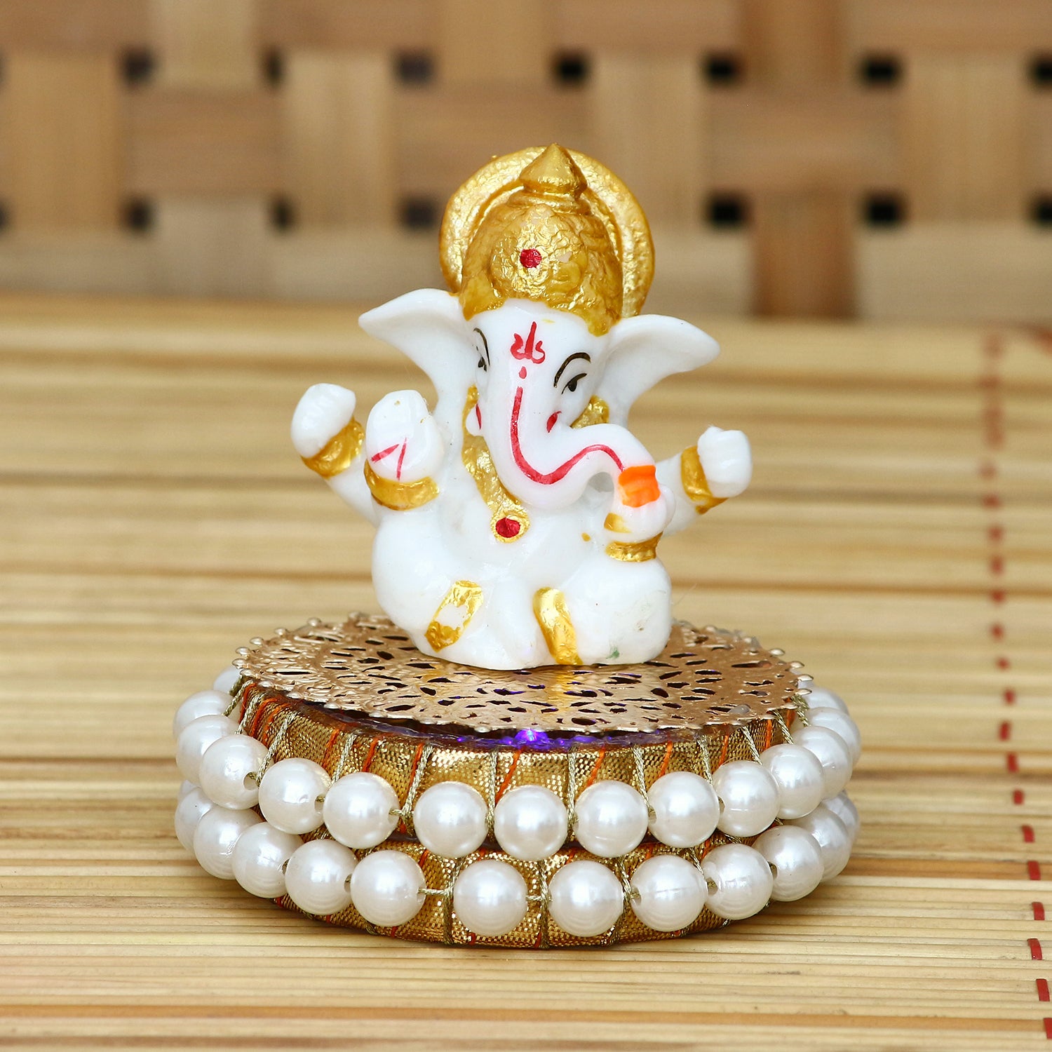 Gold and White Polyresin Lord Ganesha Idol on Decorative Handcrafted Plate for Home and Car Dashboard 3