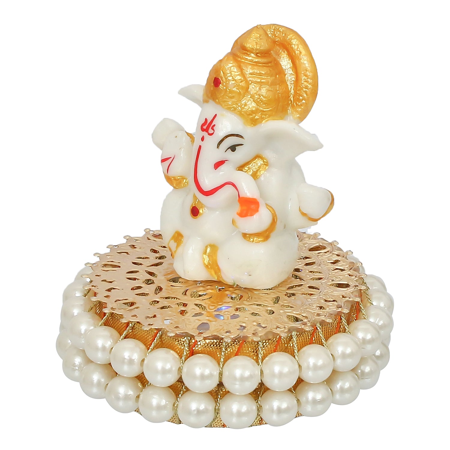 Gold and White Polyresin Lord Ganesha Idol on Decorative Handcrafted Plate for Home and Car Dashboard 7