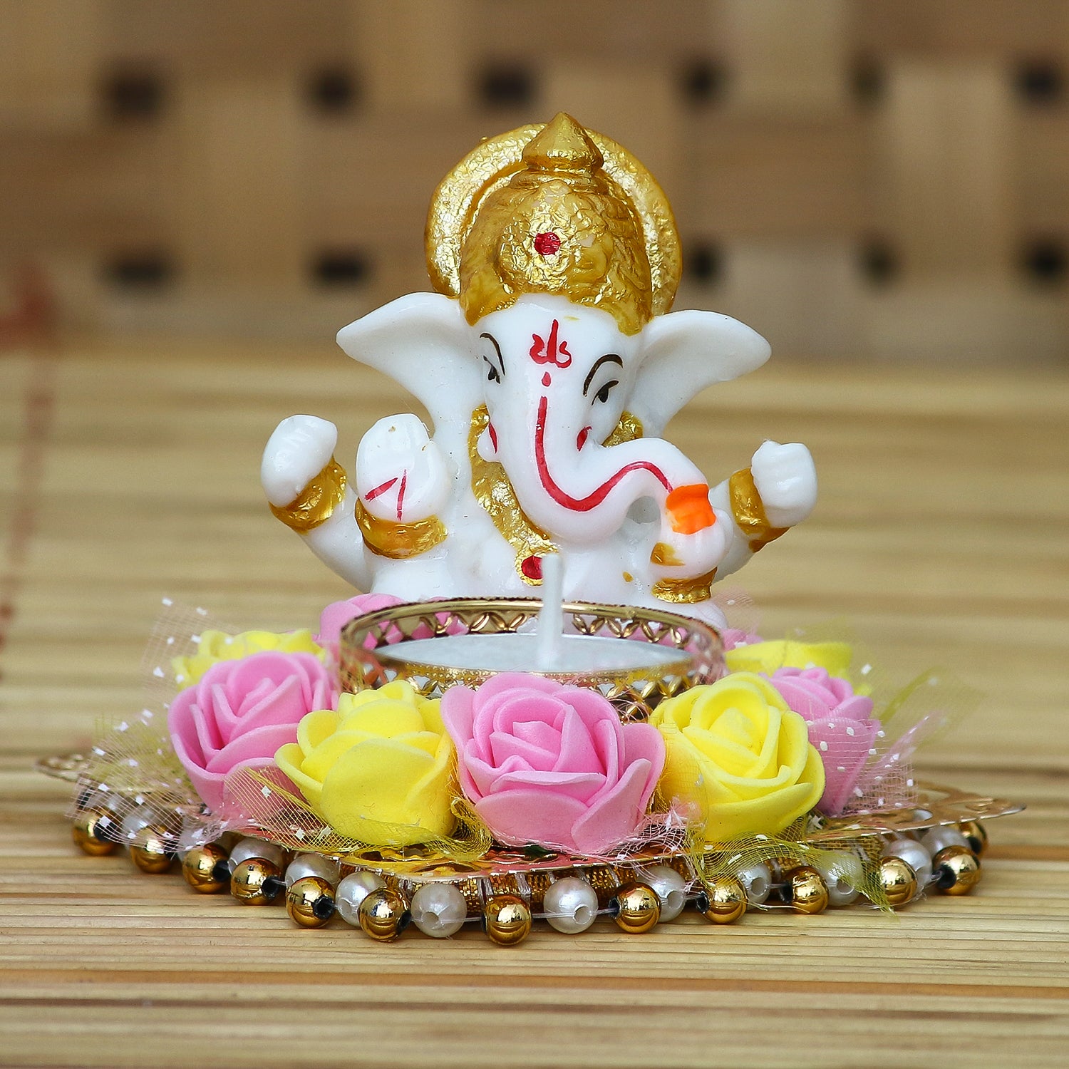 Polyresin Lord Ganesha Idol on Decorative Metal Plate with Tea Light Holder (Pink, Yellow and White)
