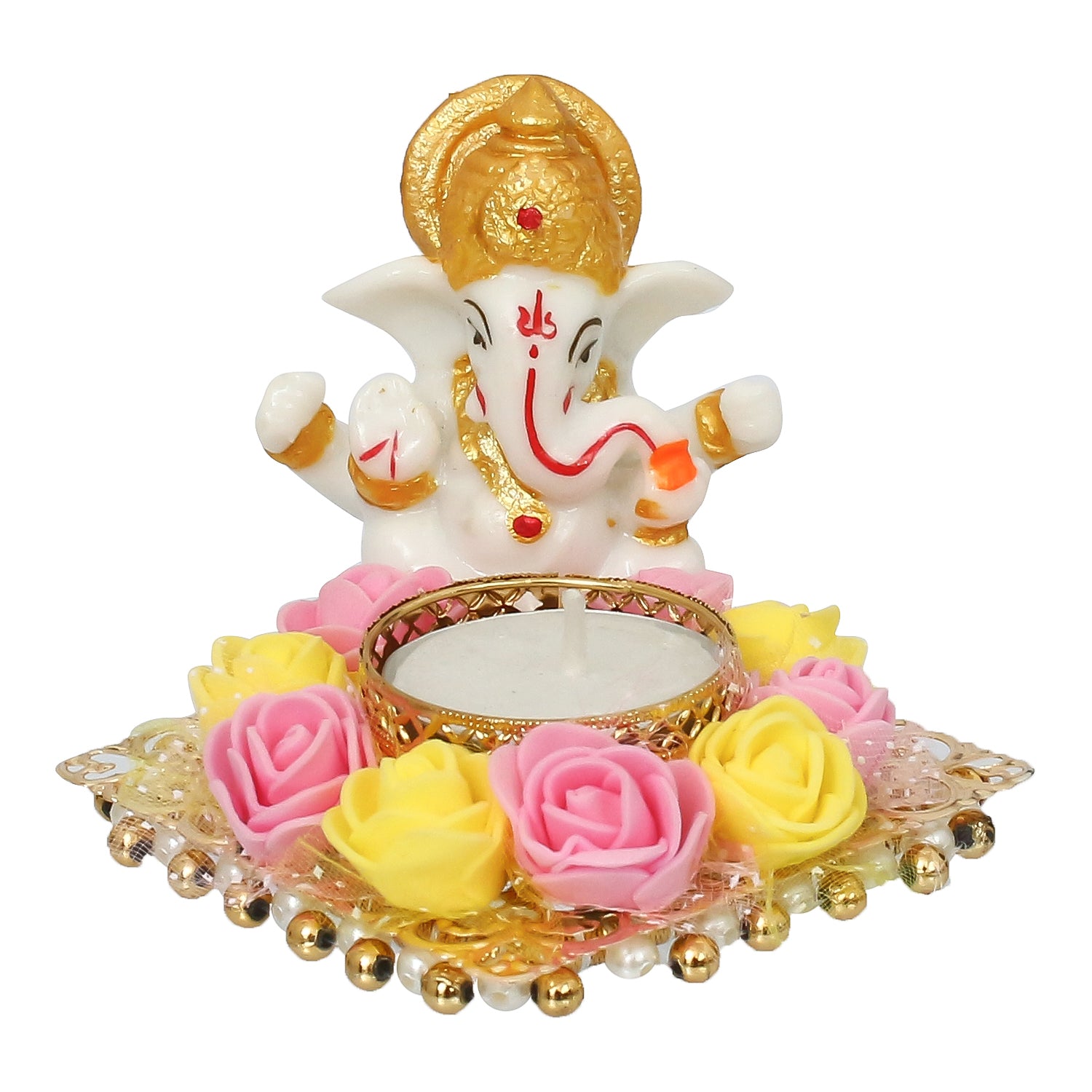 Polyresin Lord Ganesha Idol on Decorative Metal Plate with Tea Light Holder (Pink, Yellow and White) 1