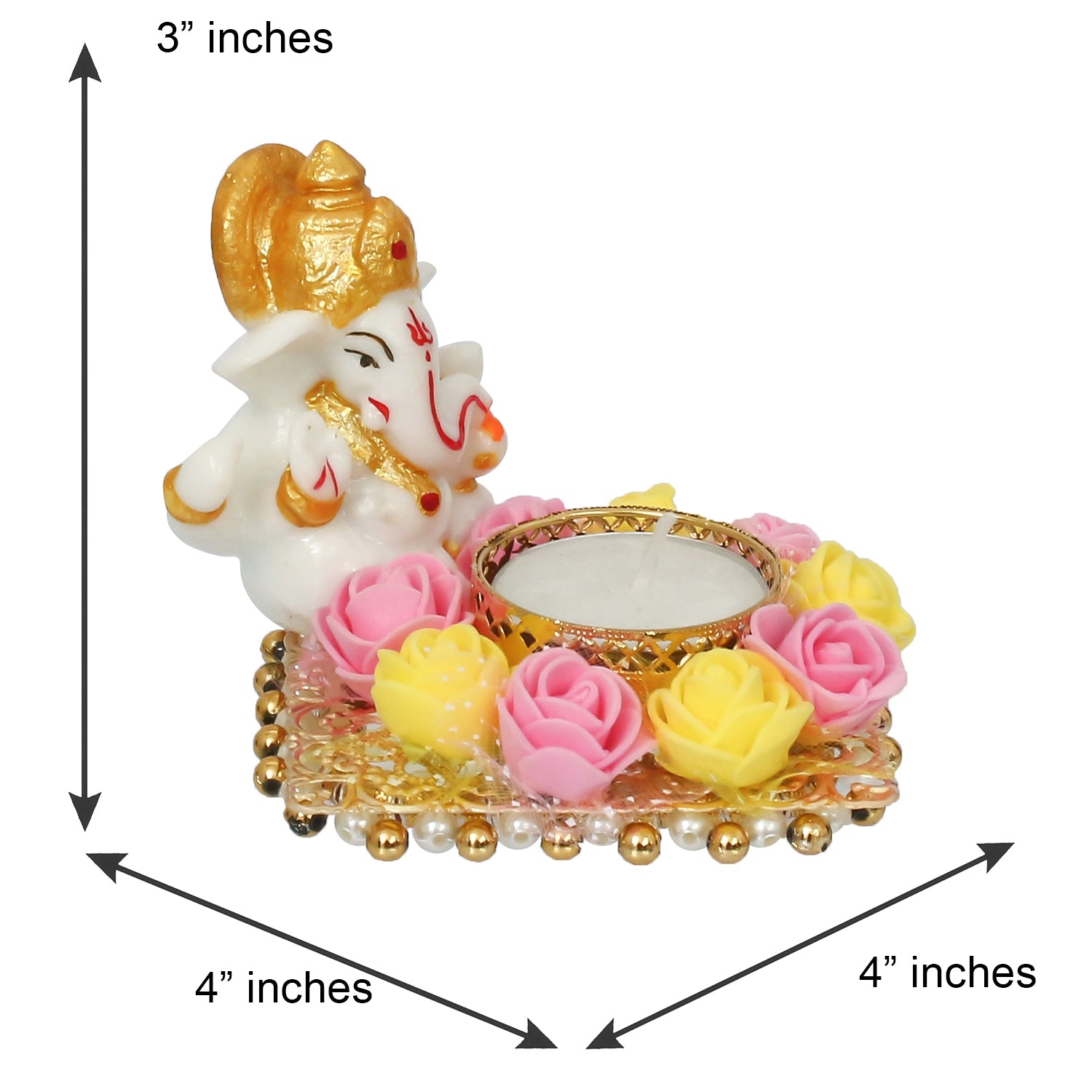 Polyresin Lord Ganesha Idol on Decorative Metal Plate with Tea Light Holder (Pink, Yellow and White) 2