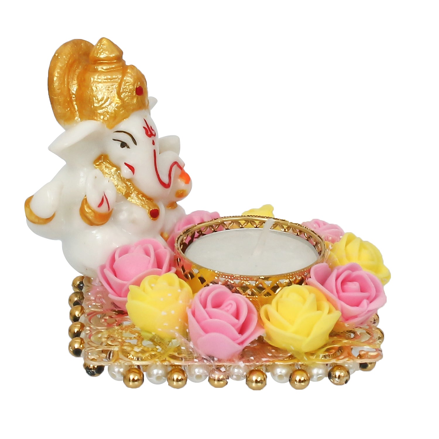 Polyresin Lord Ganesha Idol on Decorative Metal Plate with Tea Light Holder (Pink, Yellow and White) 3