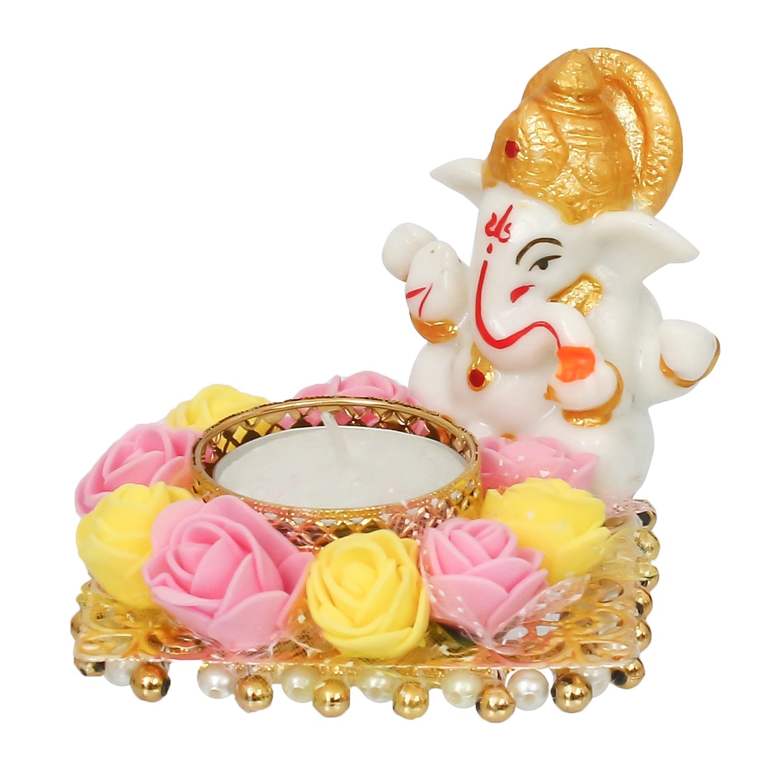 Polyresin Lord Ganesha Idol on Decorative Metal Plate with Tea Light Holder (Pink, Yellow and White) 4