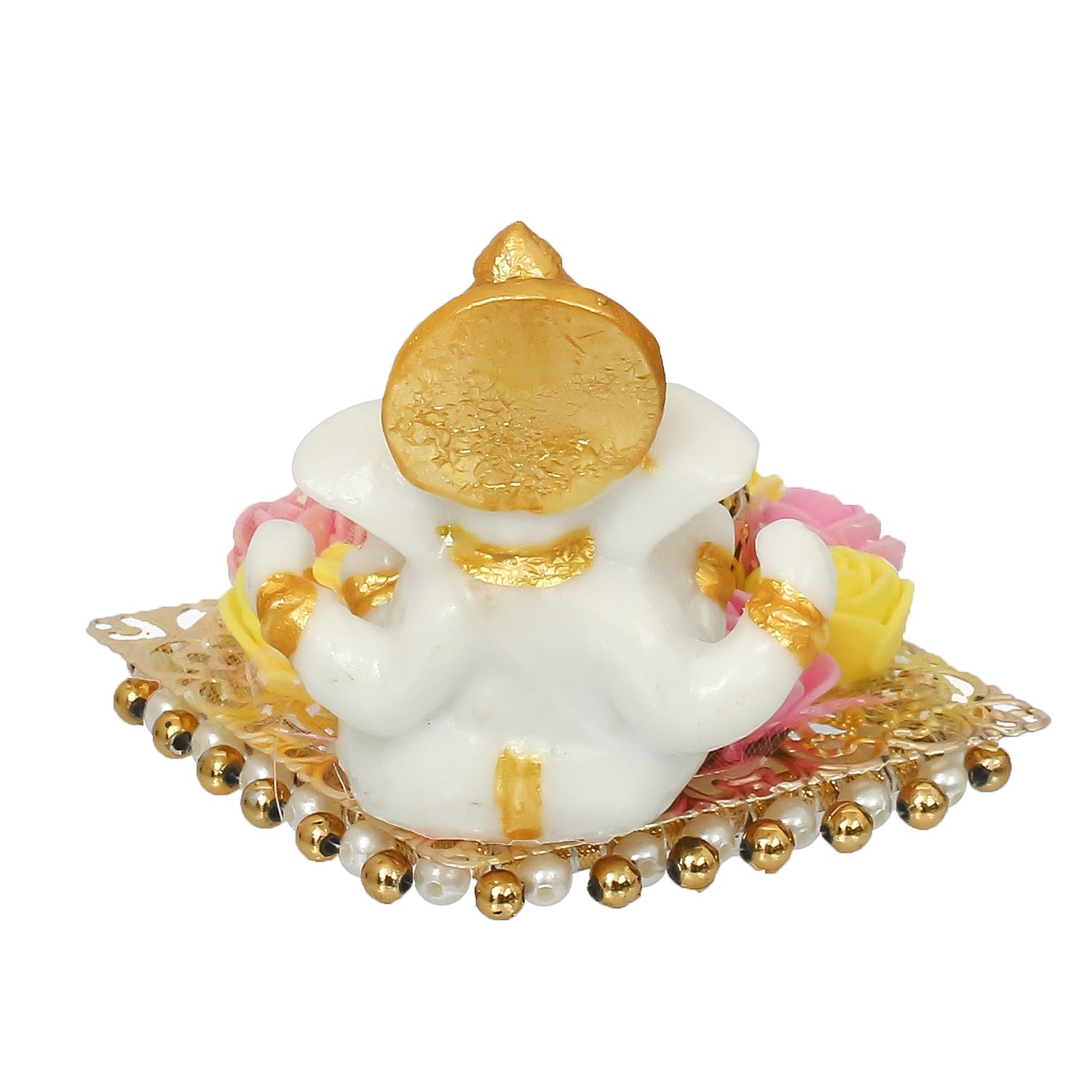 Polyresin Lord Ganesha Idol on Decorative Metal Plate with Tea Light Holder (Pink, Yellow and White) 5
