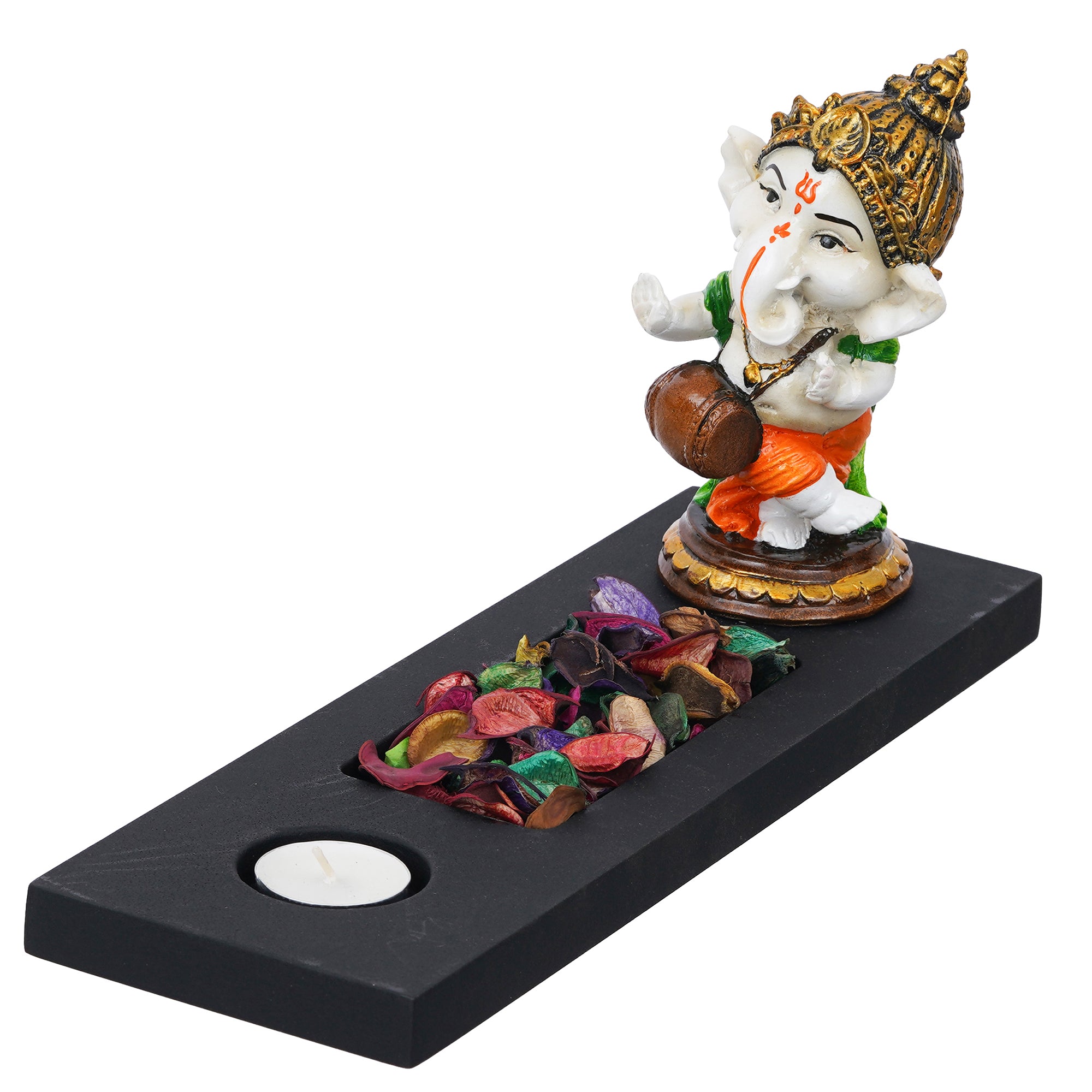 Orange, Brown, White & Black Polyresin Baal Ganesha Playing Dholak Showpiece with Rectangle Wooden Base, Fragranced Petals & Tealight 4