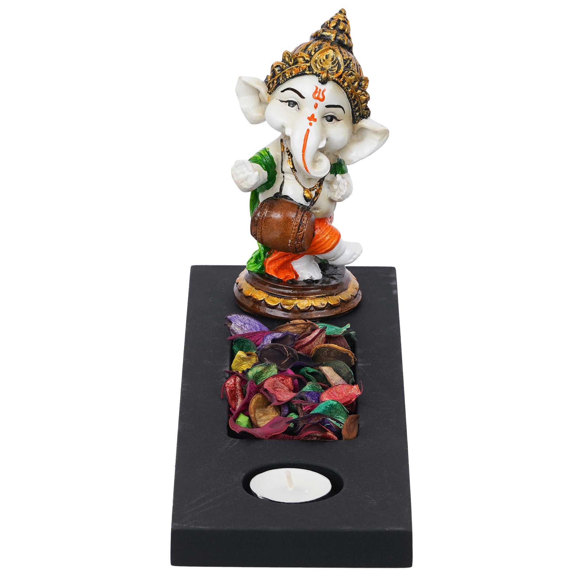 Orange, Brown, White & Black Polyresin Baal Ganesha Playing Dholak Showpiece with Rectangle Wooden Base, Fragranced Petals & Tealight 5