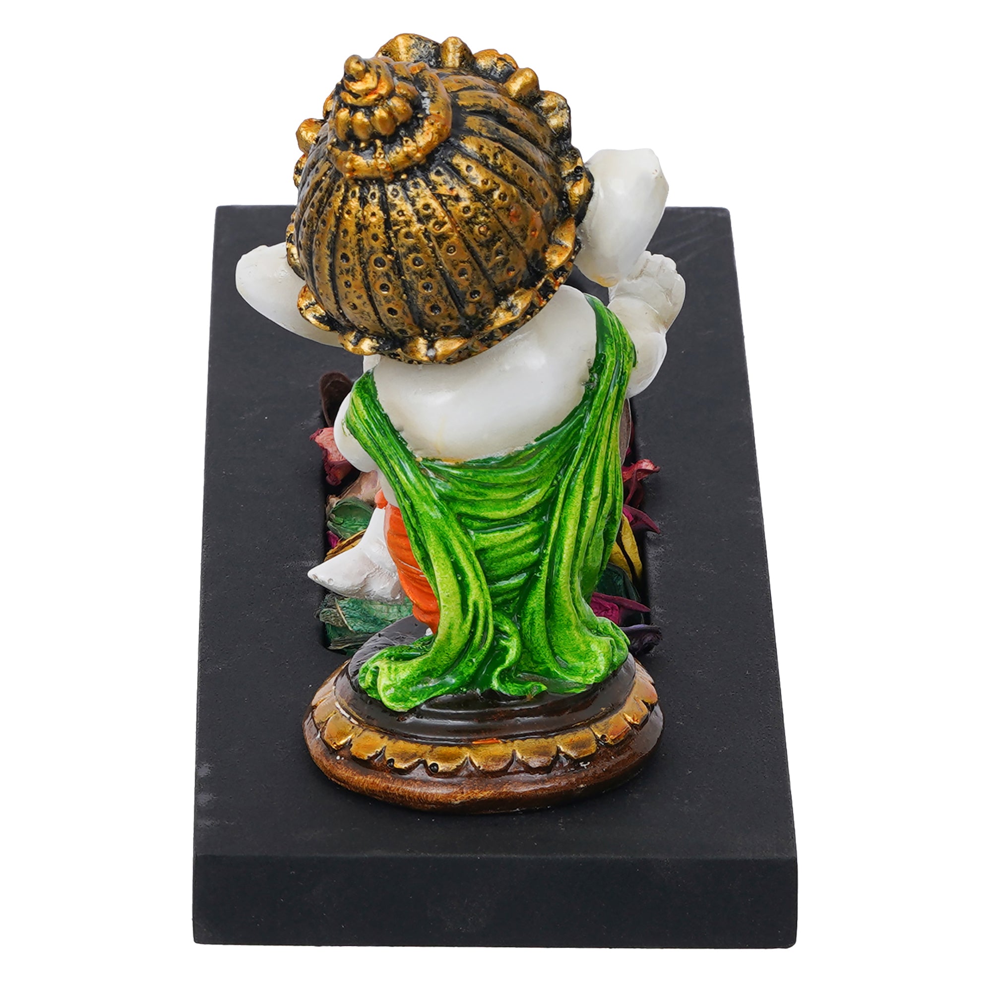 Orange, Brown, White & Black Polyresin Baal Ganesha Playing Dholak Showpiece with Rectangle Wooden Base, Fragranced Petals & Tealight 6