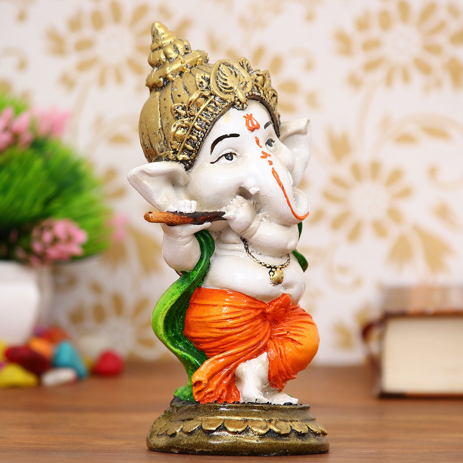 Polyresin Colorful Lord Ganesha Idol Playing Flute 1