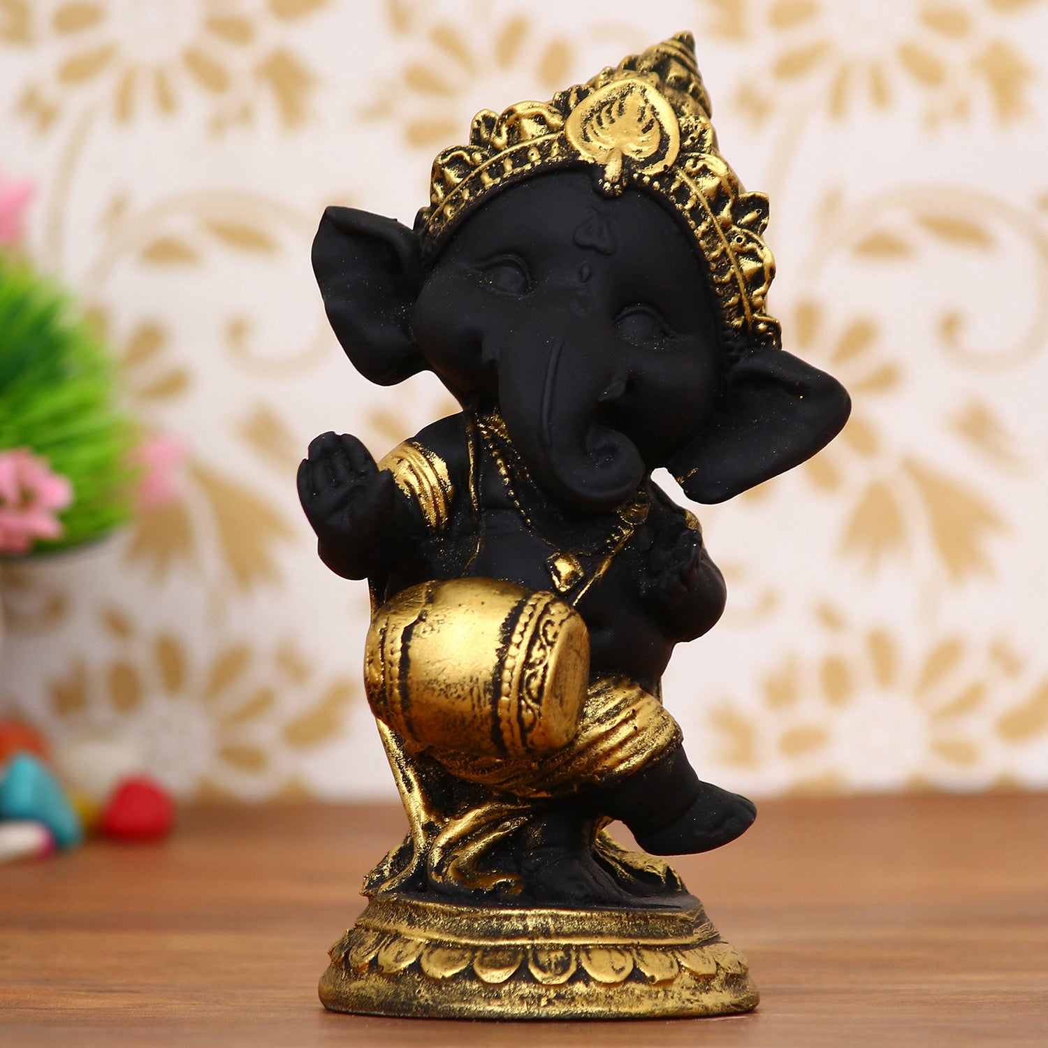 Golden And Black Lord Ganesha Idol Playing Dholak Decorative Showpiece
