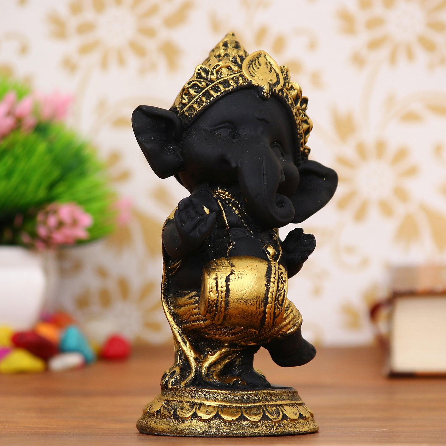 Golden And Black Lord Ganesha Idol Playing Dholak Decorative Showpiece 1