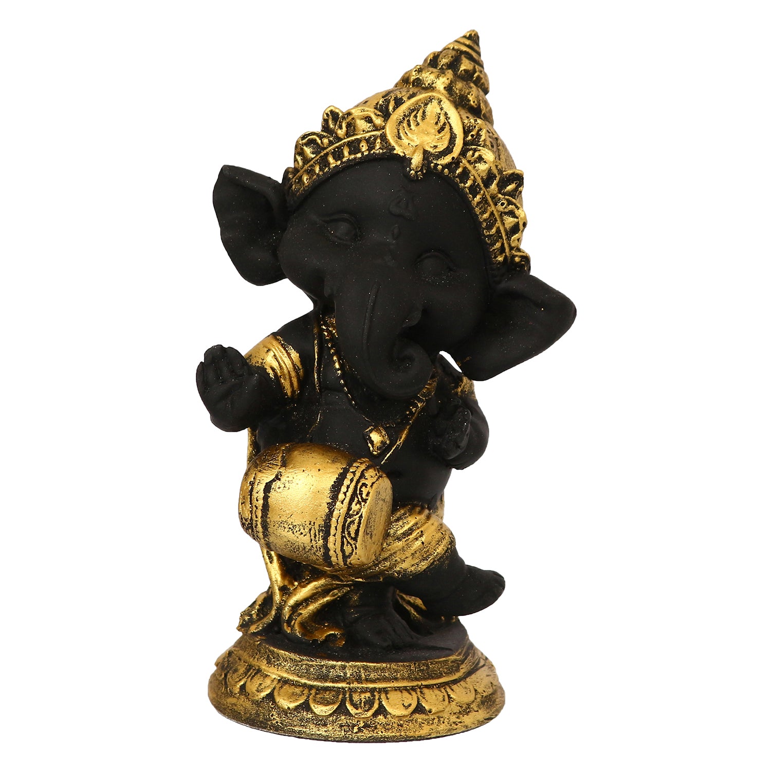 Golden And Black Lord Ganesha Idol Playing Dholak Decorative Showpiece 2