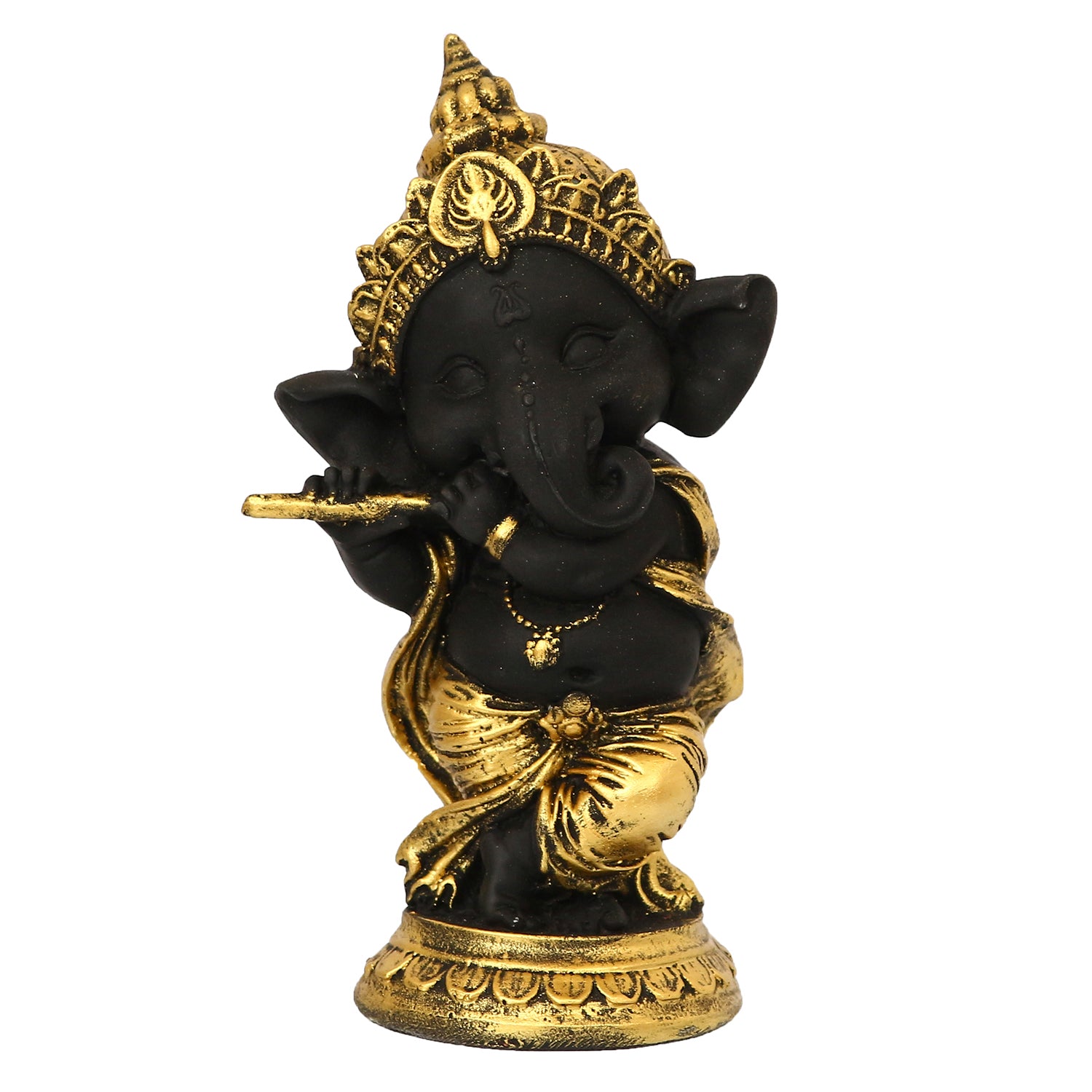 Golden And Black Lord Ganesha Idol Playing Flute Decorative Showpiece 2