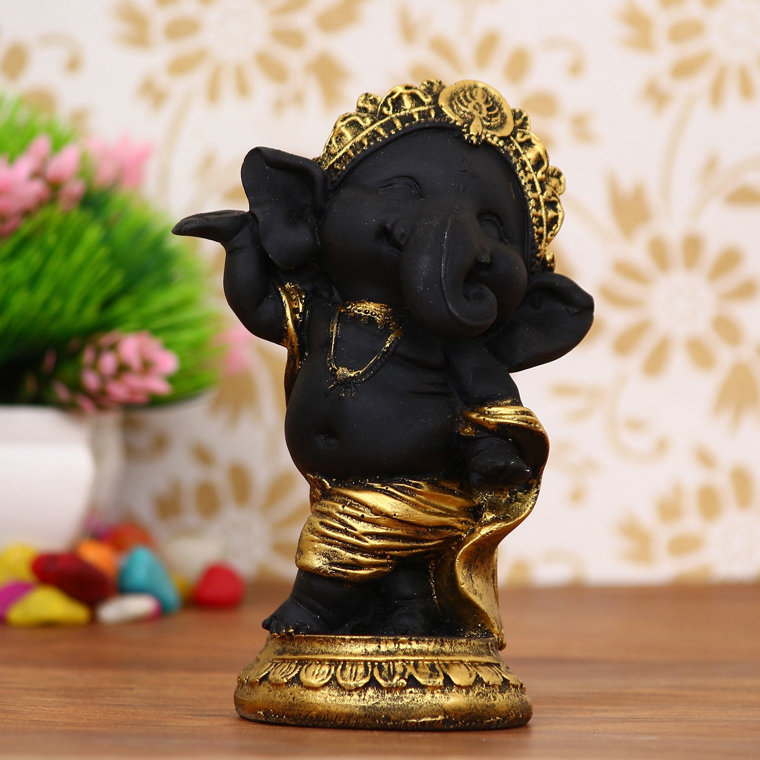 Golden And Black Lord Ganesha Idol In Dancing Avatar Decorative Showpiece